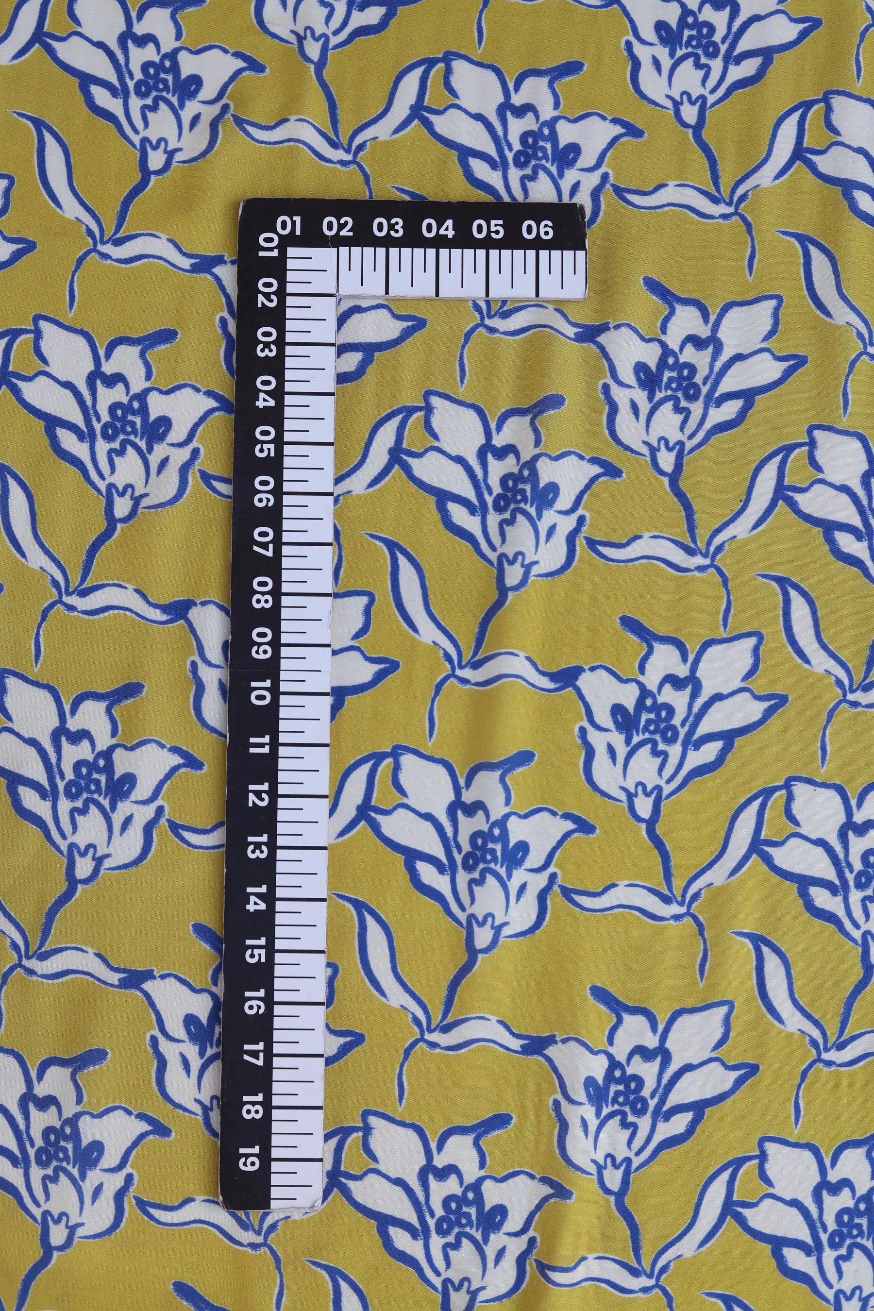 Mustard Off White Floral Pattern Printed Natural Muslin Silk Fabric