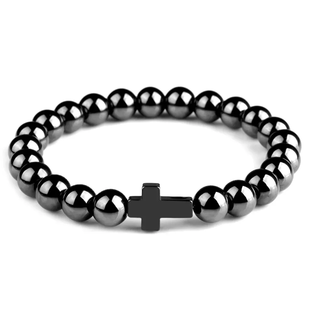 Natural Stone Cross Bracelets Hematite Stainless Steel Cross Elastic Rope Map Lava Bead Bracelet For Men Women Charm Jewelry