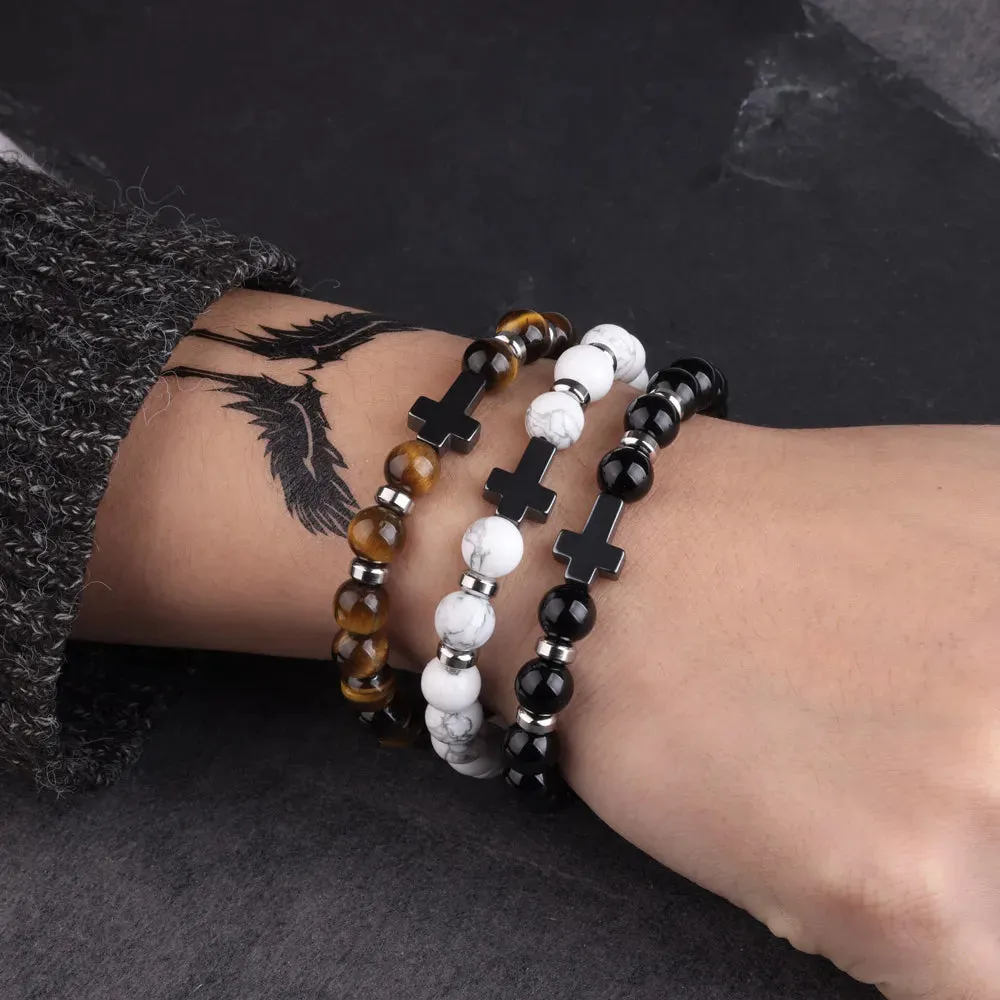 Natural Stone Cross Bracelets Hematite Stainless Steel Cross Elastic Rope Map Lava Bead Bracelet For Men Women Charm Jewelry