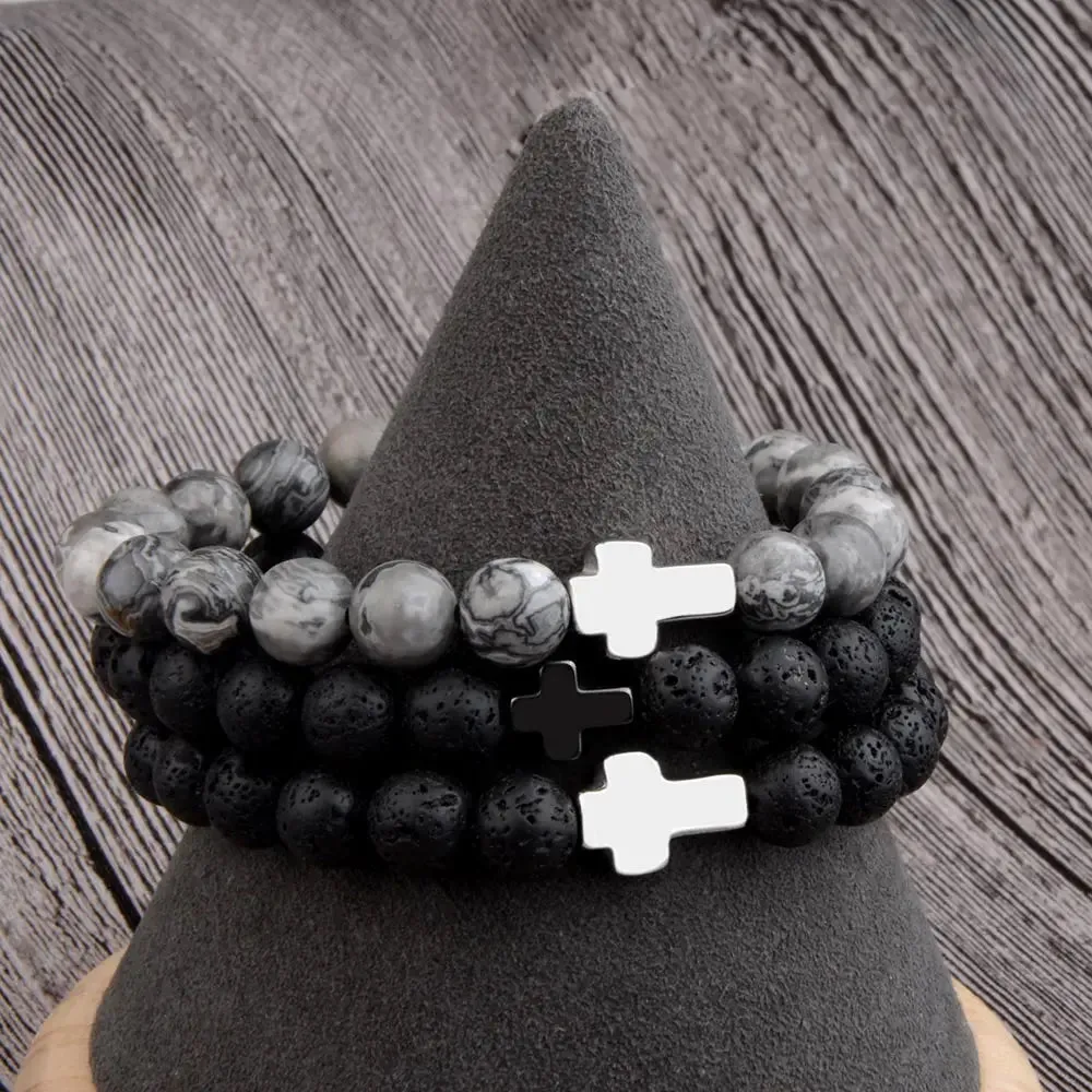 Natural Stone Cross Bracelets Hematite Stainless Steel Cross Elastic Rope Map Lava Bead Bracelet For Men Women Charm Jewelry