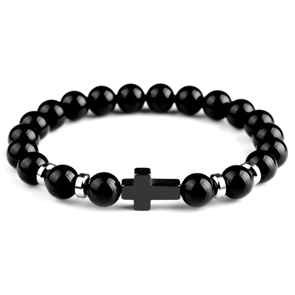 Natural Stone Cross Bracelets Hematite Stainless Steel Cross Elastic Rope Map Lava Bead Bracelet For Men Women Charm Jewelry