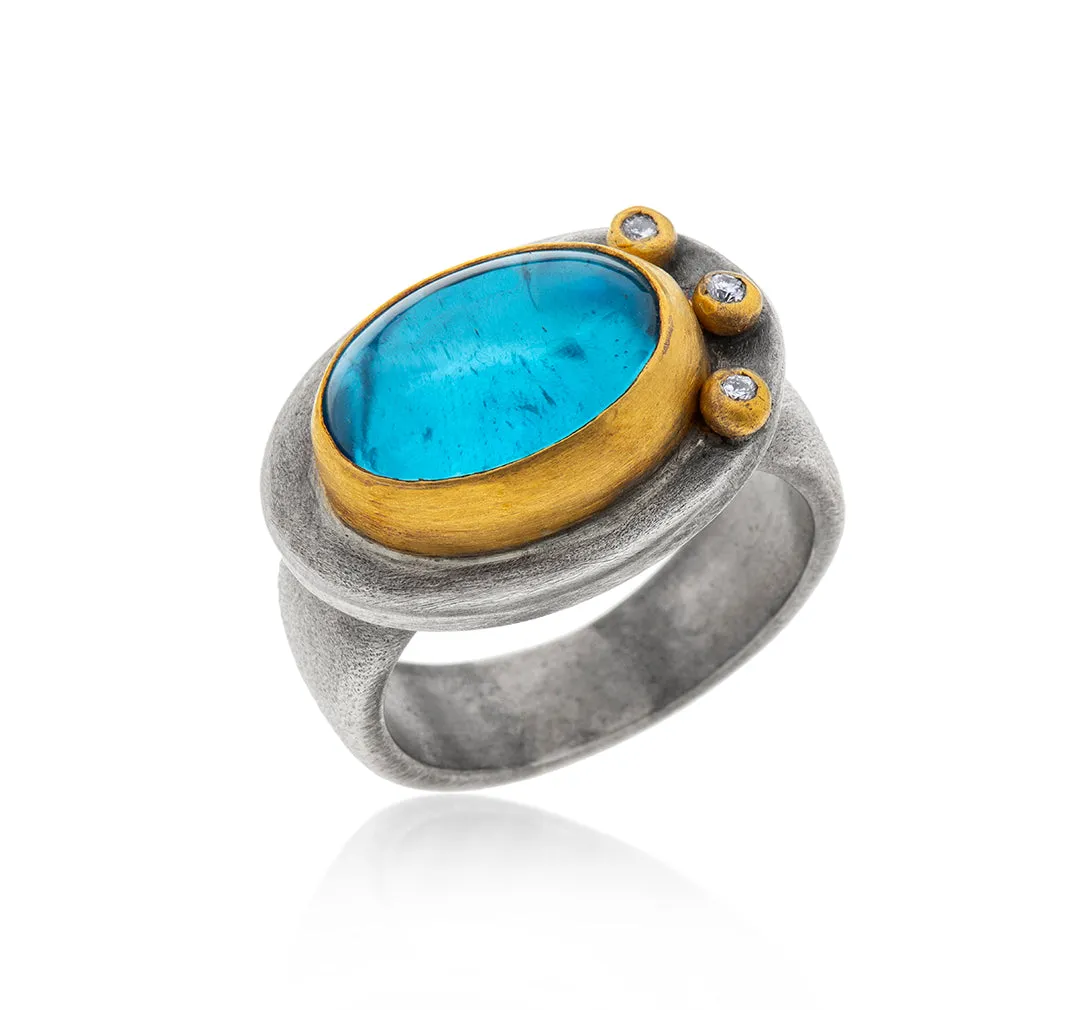 Nava Zahavi Yellow Gold Blue Topaz and Diamonds on Sterling Silver Ring