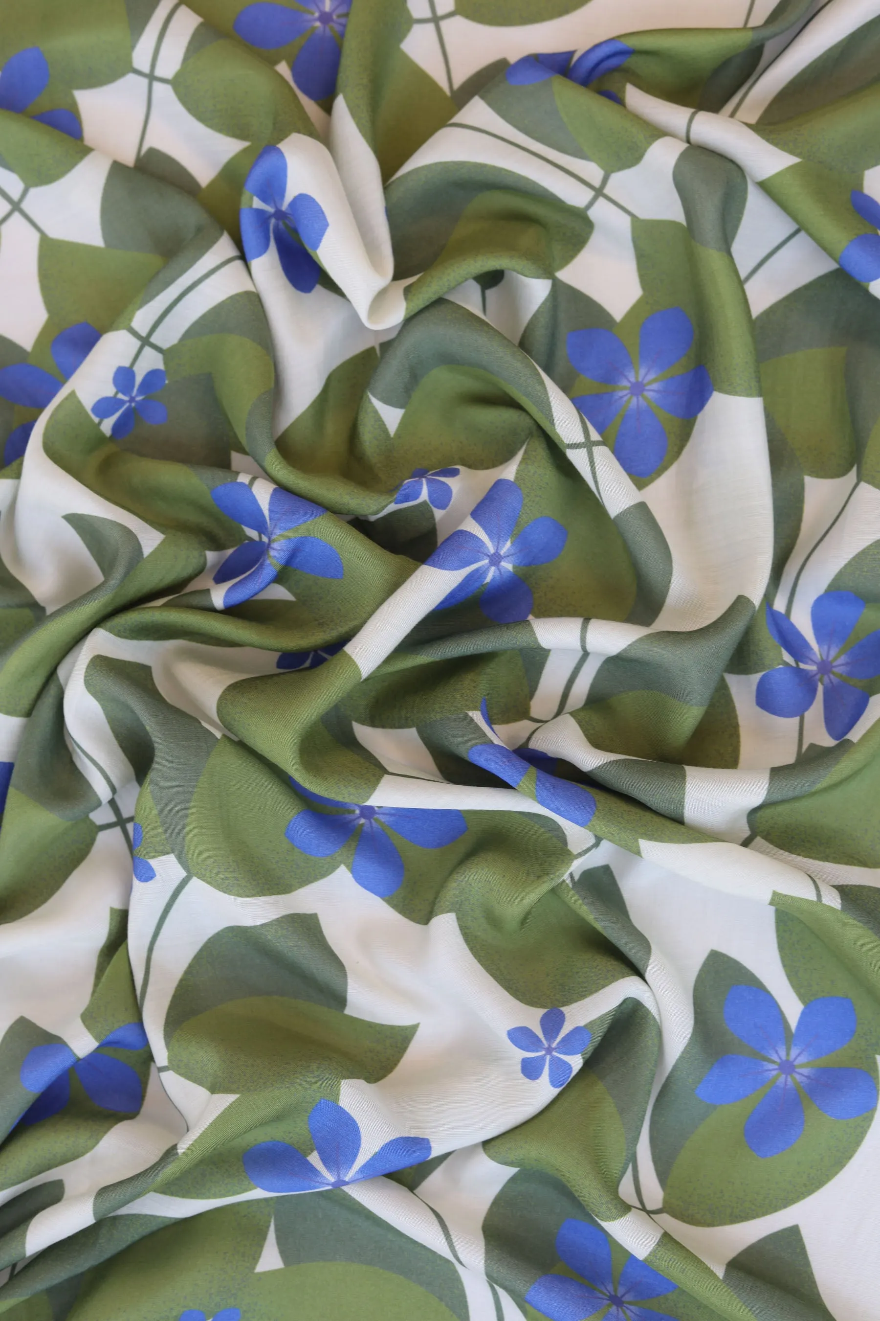 Off-white and Olive Periwinkle Pattern Printed Natural Muslin Silk Fabric