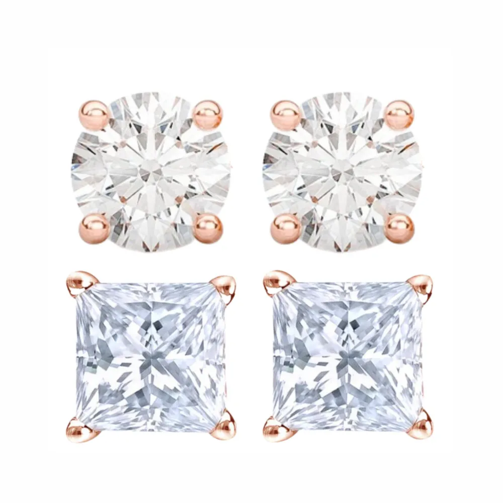 Paris Jewelry 14K Rose Solid Gold Created White Diamond 1/4Ct, 1/2Ct, 1Ct, 2Ct, 3Ct Round and Princess Stud Earrings 2 Pairs