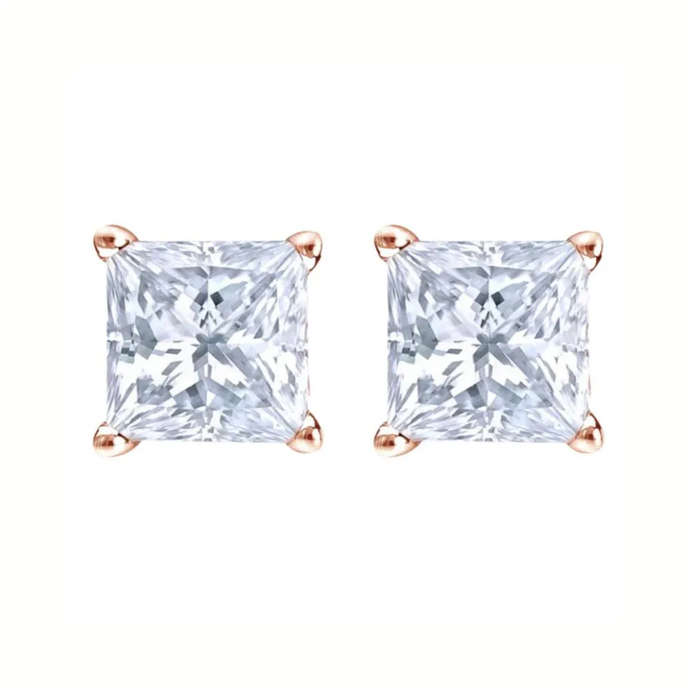 Paris Jewelry 14K Rose Solid Gold Created White Diamond 1/4Ct, 1/2Ct, 1Ct, 2Ct, 3Ct Round and Princess Stud Earrings 2 Pairs