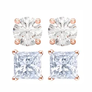 Paris Jewelry 14K Rose Solid Gold Created White Diamond 1/4Ct, 1/2Ct, 1Ct, 2Ct, 3Ct Round and Princess Stud Earrings 2 Pairs