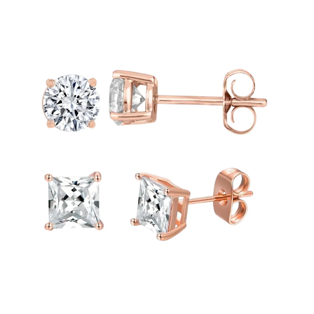 Paris Jewelry 14K Rose Solid Gold Created White Diamond 1/4Ct, 1/2Ct, 1Ct, 2Ct, 3Ct Round and Princess Stud Earrings 2 Pairs