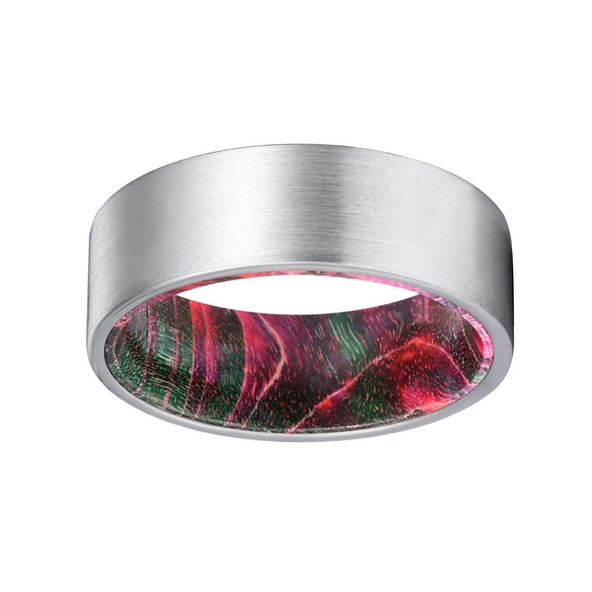 PATTERN | Green and Red Wood, Silver Tungsten Ring, Brushed, Flat