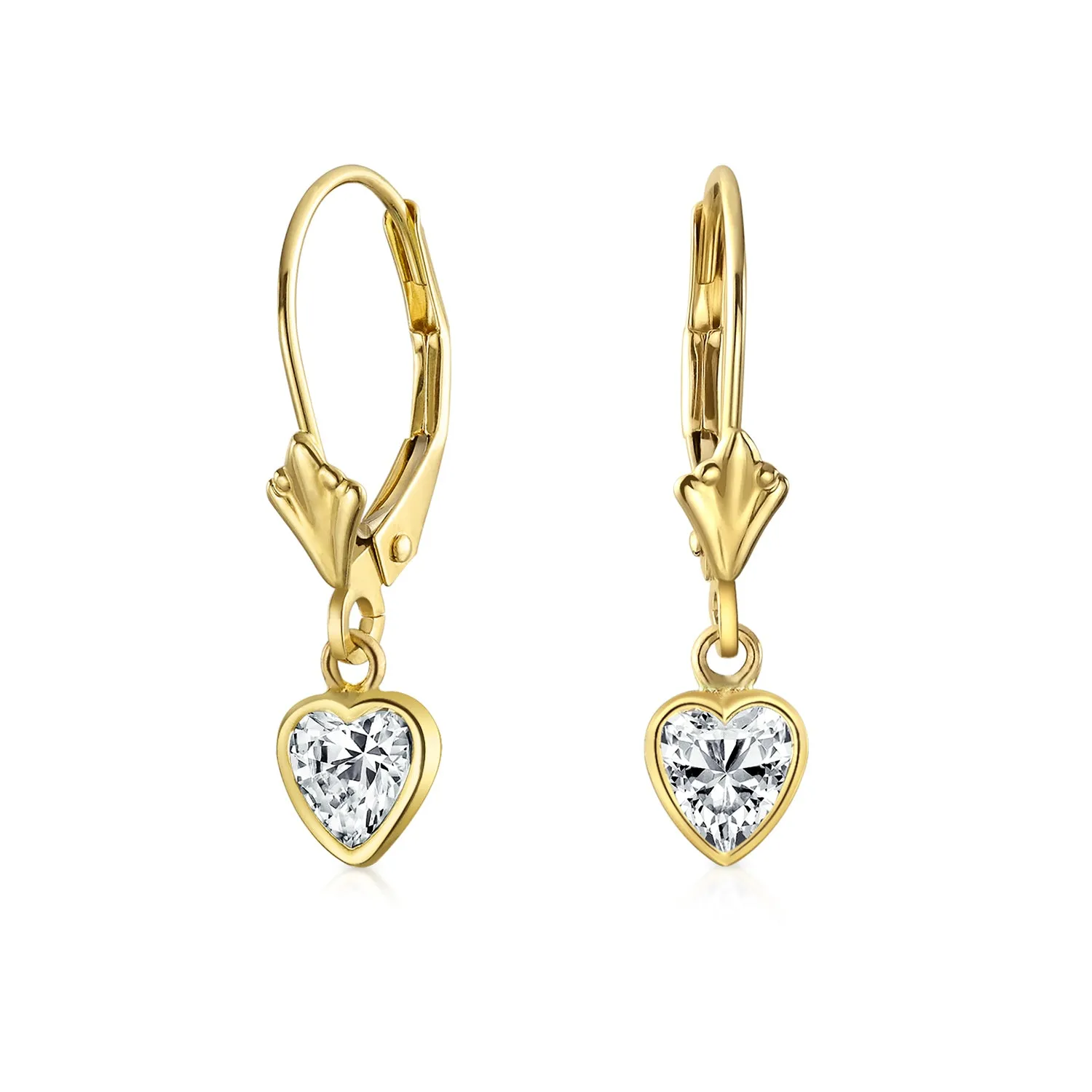 Petite 14K Gold CZ Heart Dangle Chandelier Earrings with Secure Lever Back