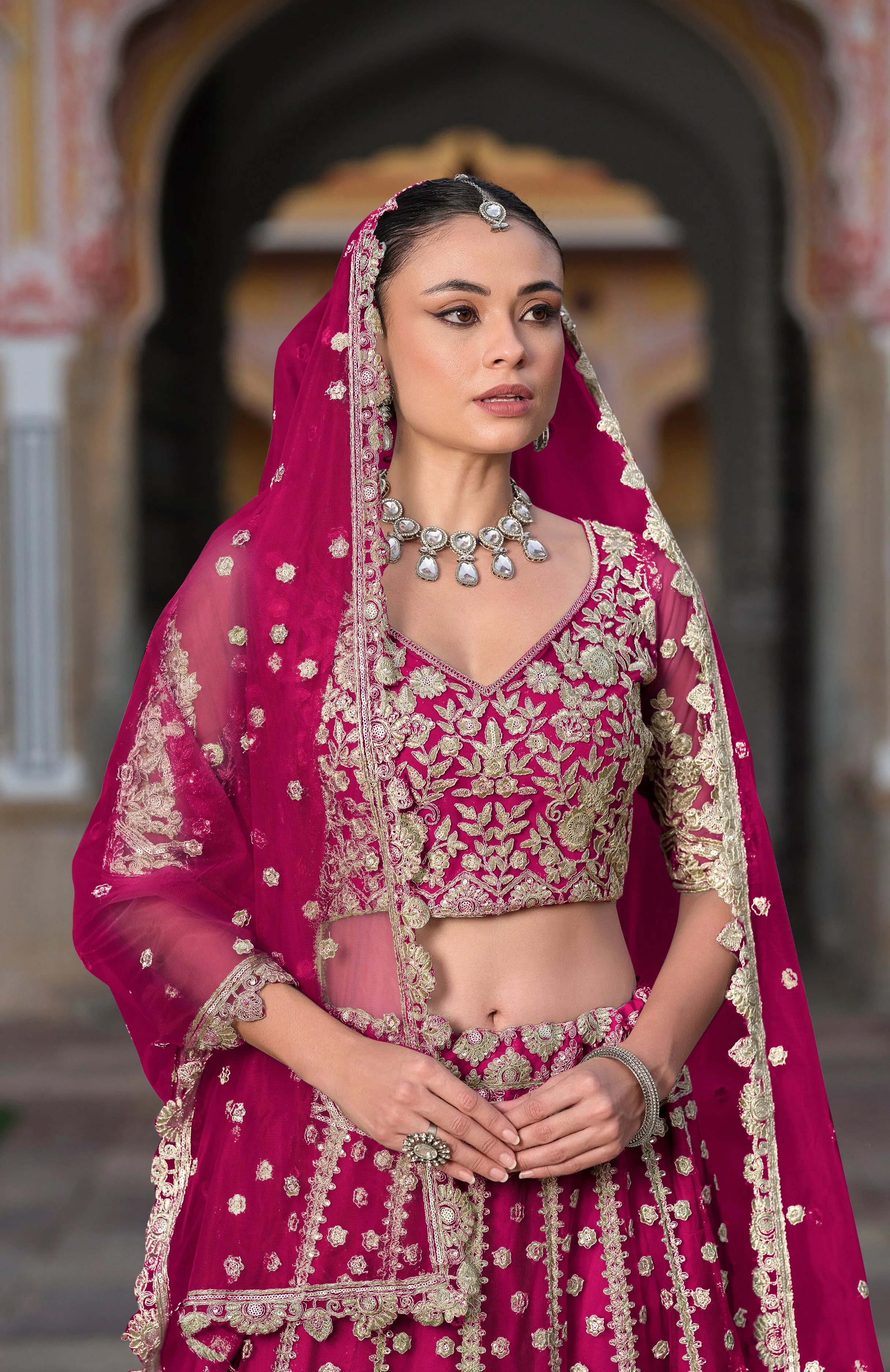 Pink Heavy Embroidered Net Bridal Lehenga Choli