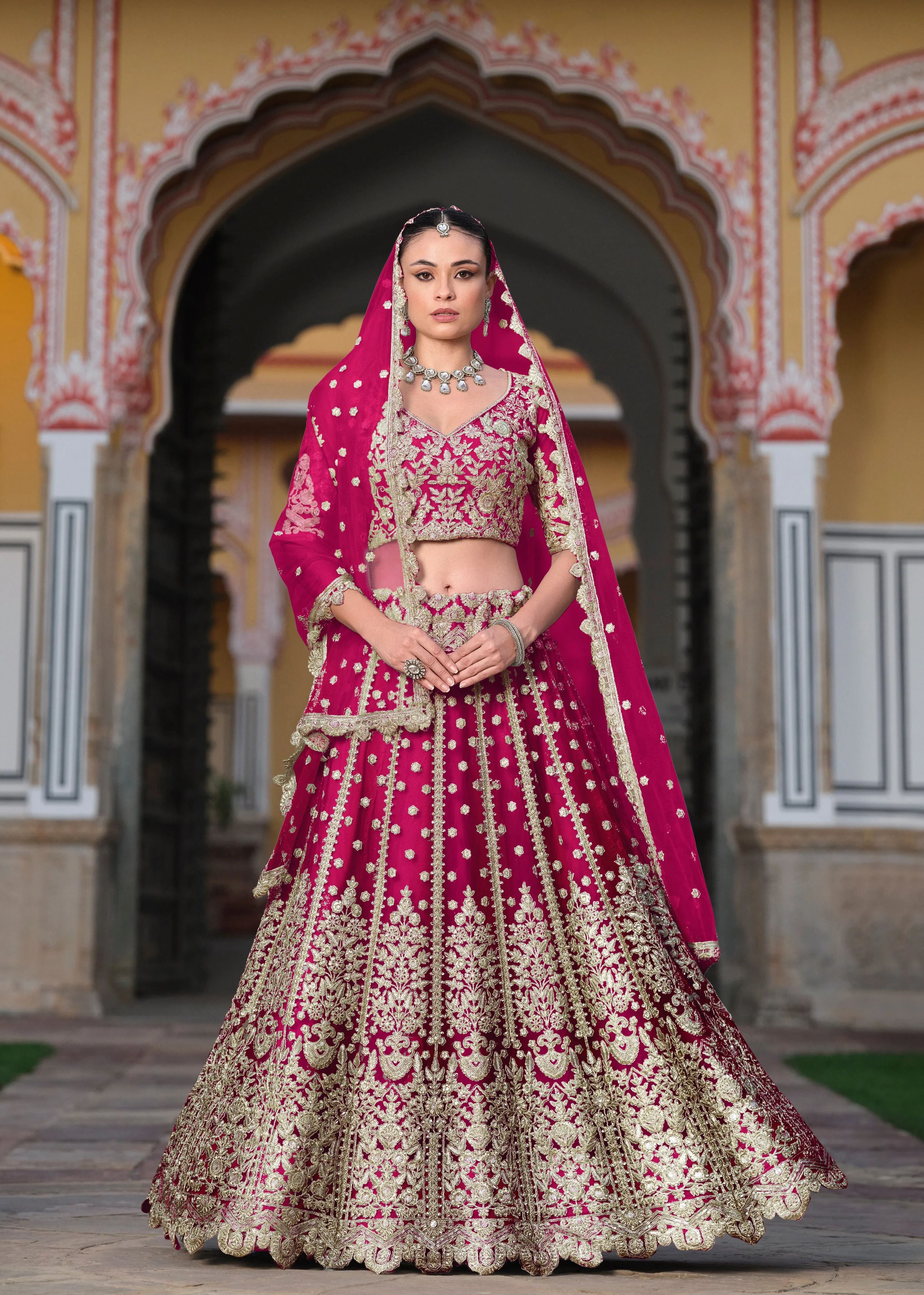 Pink Heavy Embroidered Net Bridal Lehenga Choli