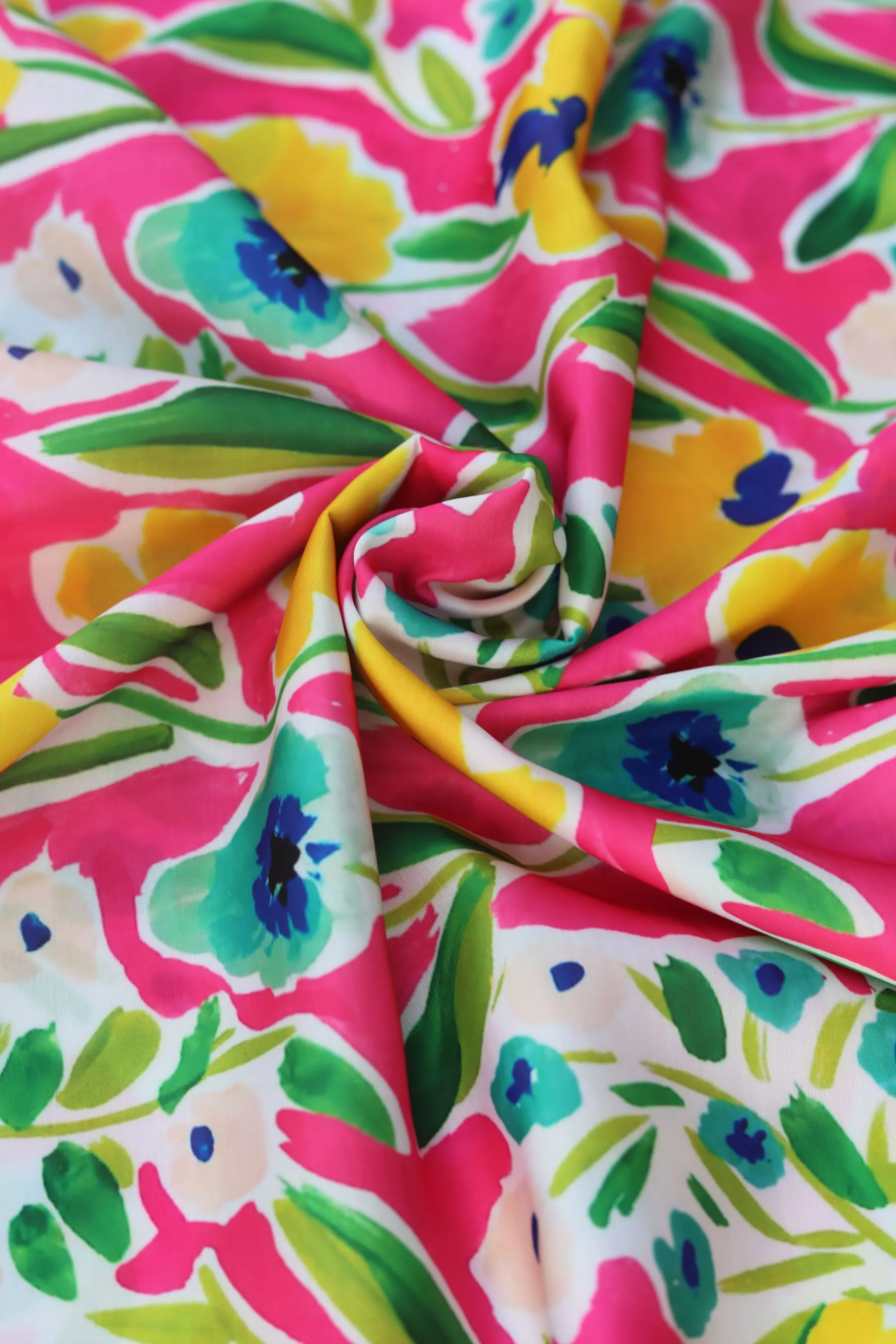 Pink Yellow Floral Printed Modal Satin Fabric