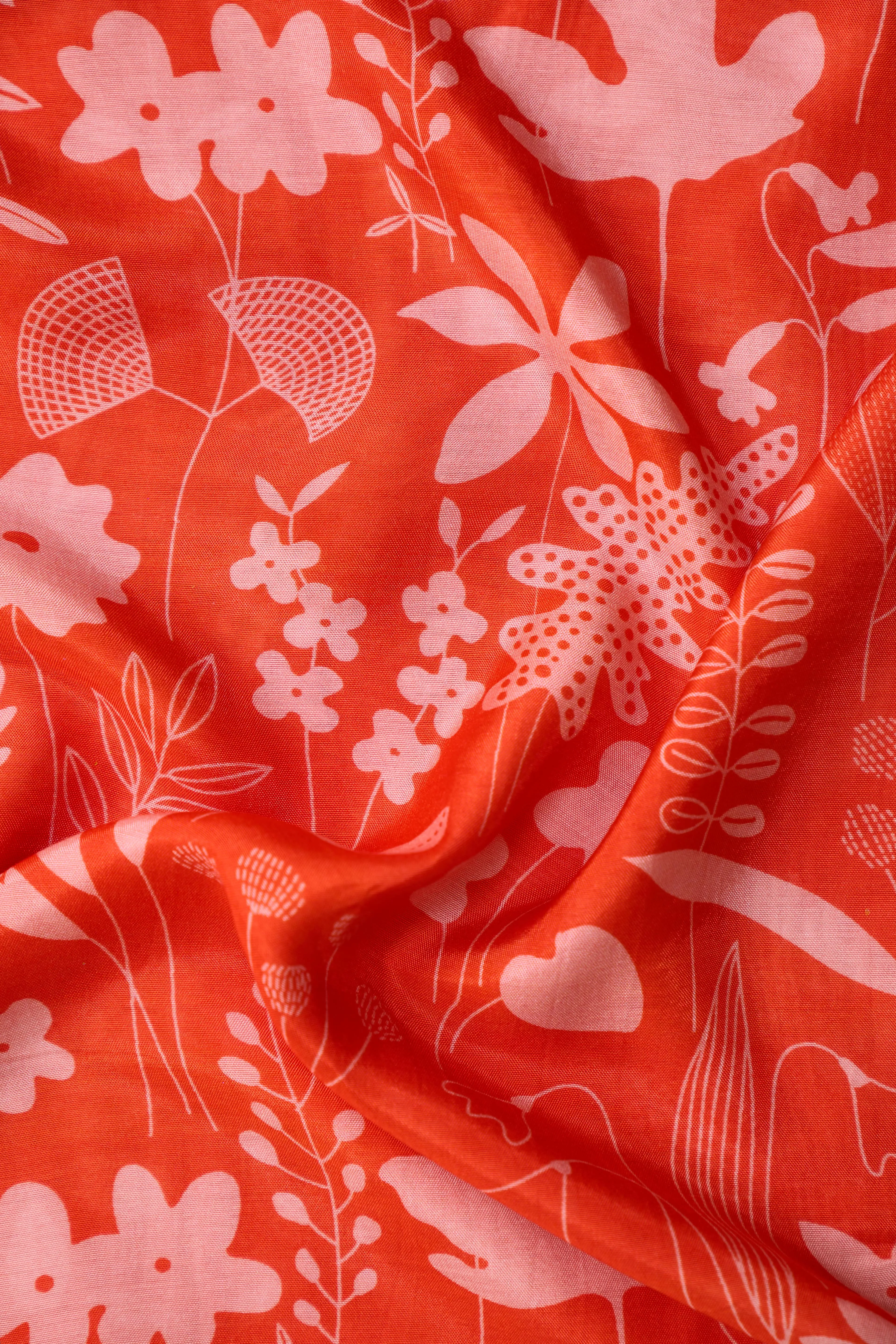 Pretty Pink Red Floral Pattern Foliage Printed Natural Muslin Silk Fabric