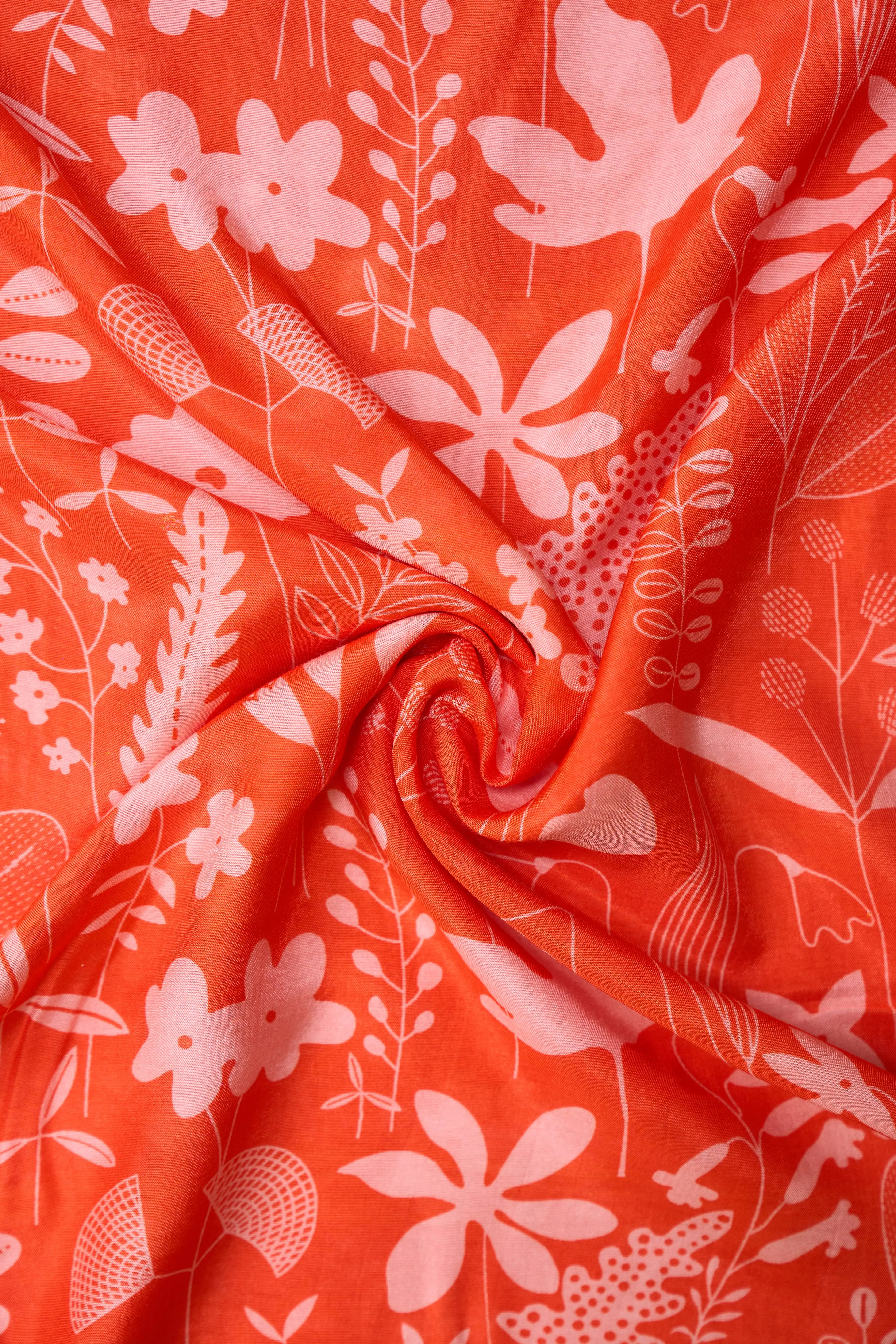 Pretty Pink Red Floral Pattern Foliage Printed Natural Muslin Silk Fabric