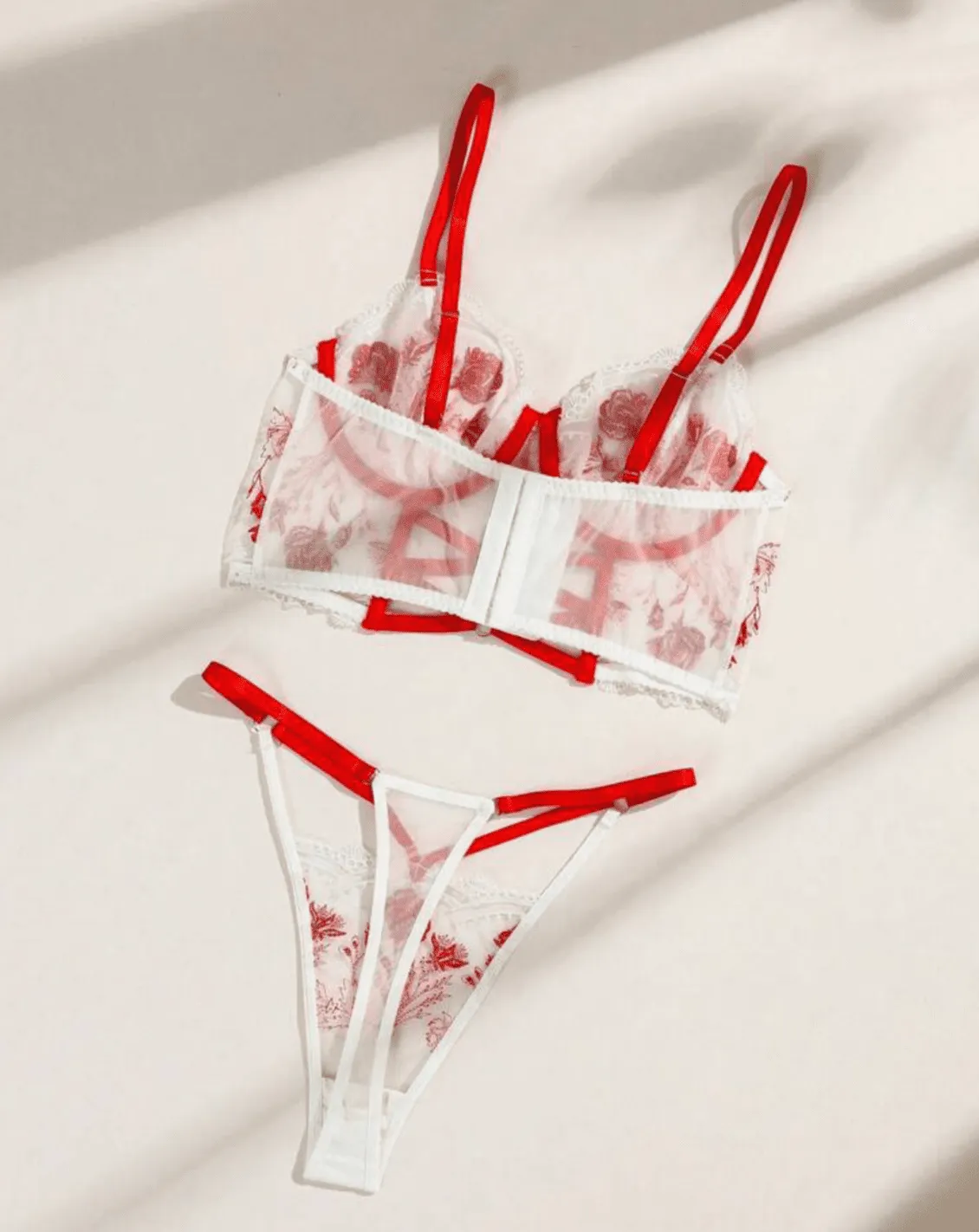 Red Embroidered Lingerie White Bustier Set