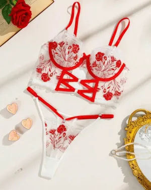 Red Embroidered Lingerie White Bustier Set