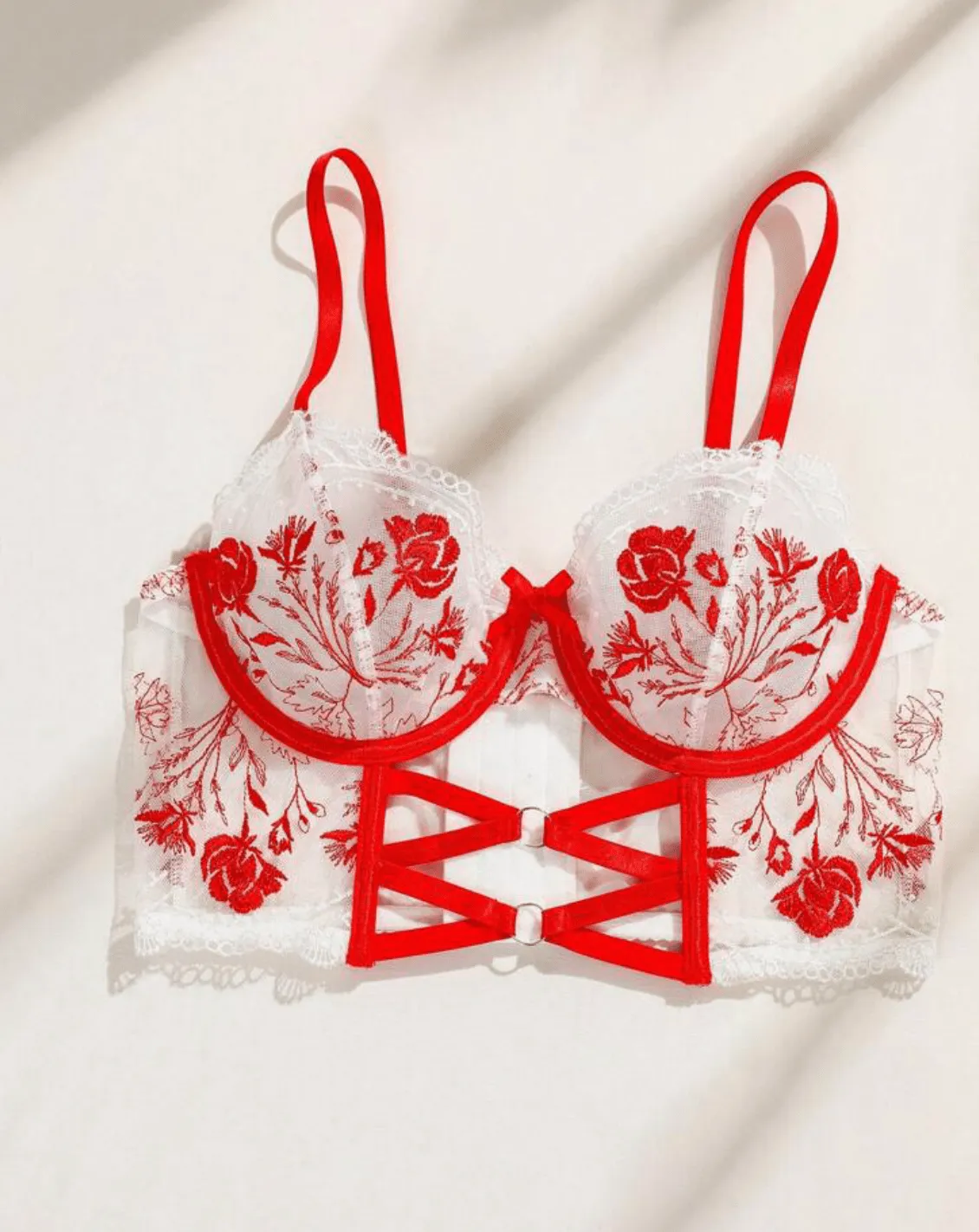 Red Embroidered Lingerie White Bustier Set