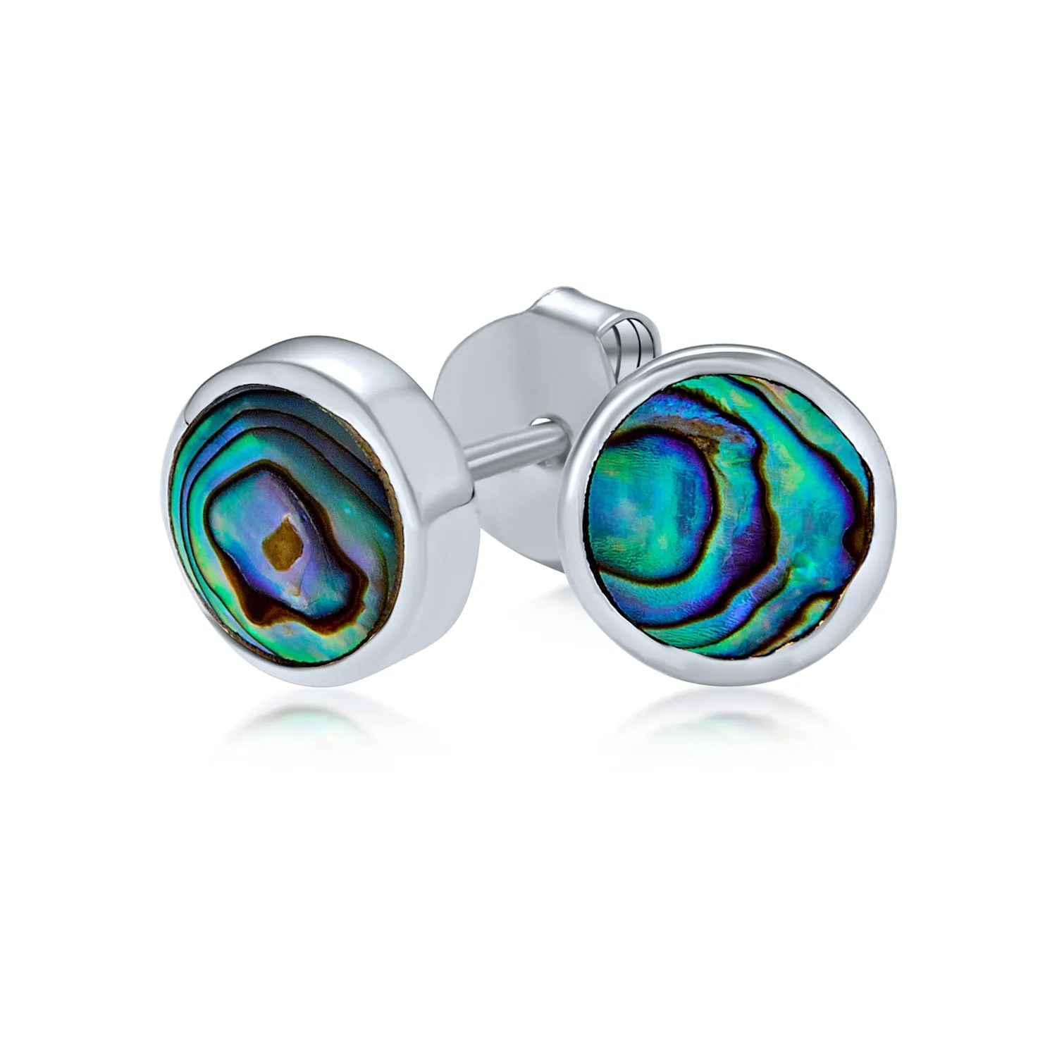 Round Bezel Set Abalone Shell Stud Earrings in Sterling Silver, 7MM