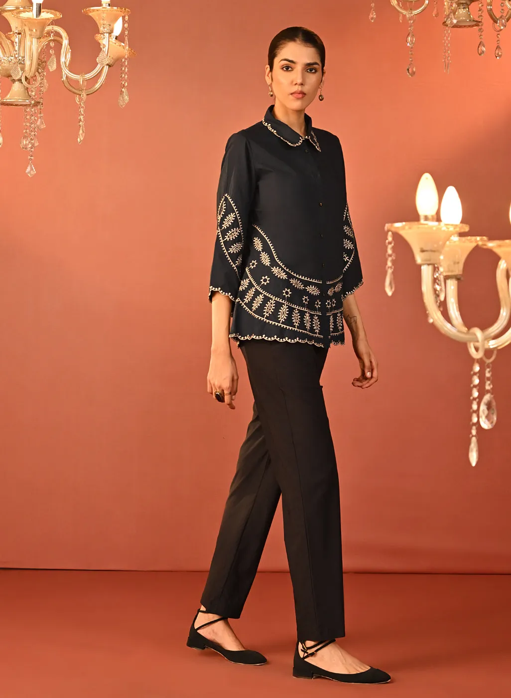 Rubab Navy Blue Embroidered Cotton Shirt for Women