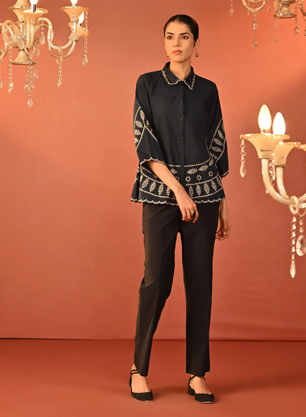 Rubab Navy Blue Embroidered Cotton Shirt for Women