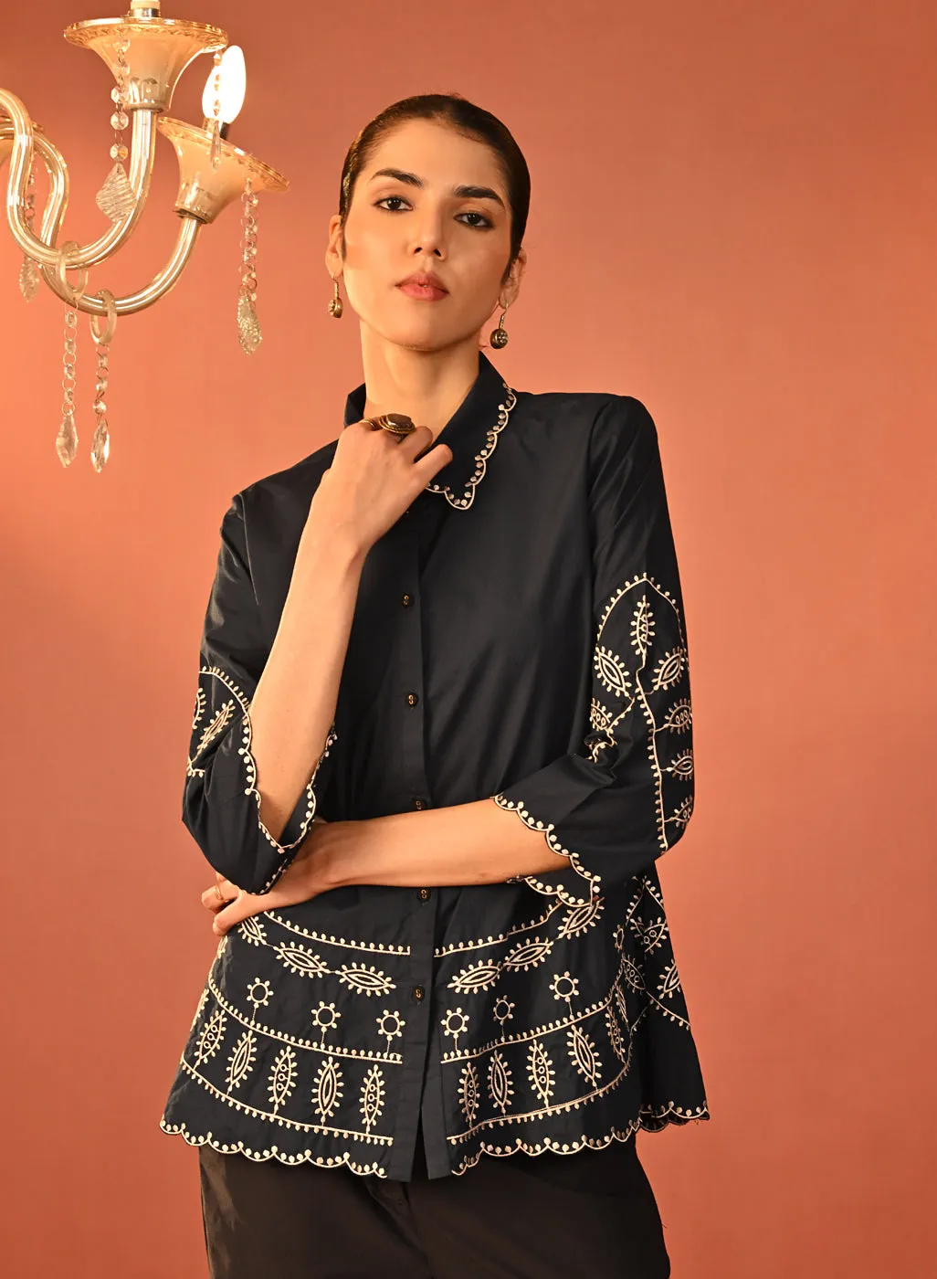 Rubab Navy Blue Embroidered Cotton Shirt for Women