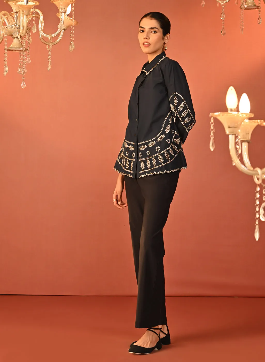 Rubab Navy Blue Embroidered Cotton Shirt for Women