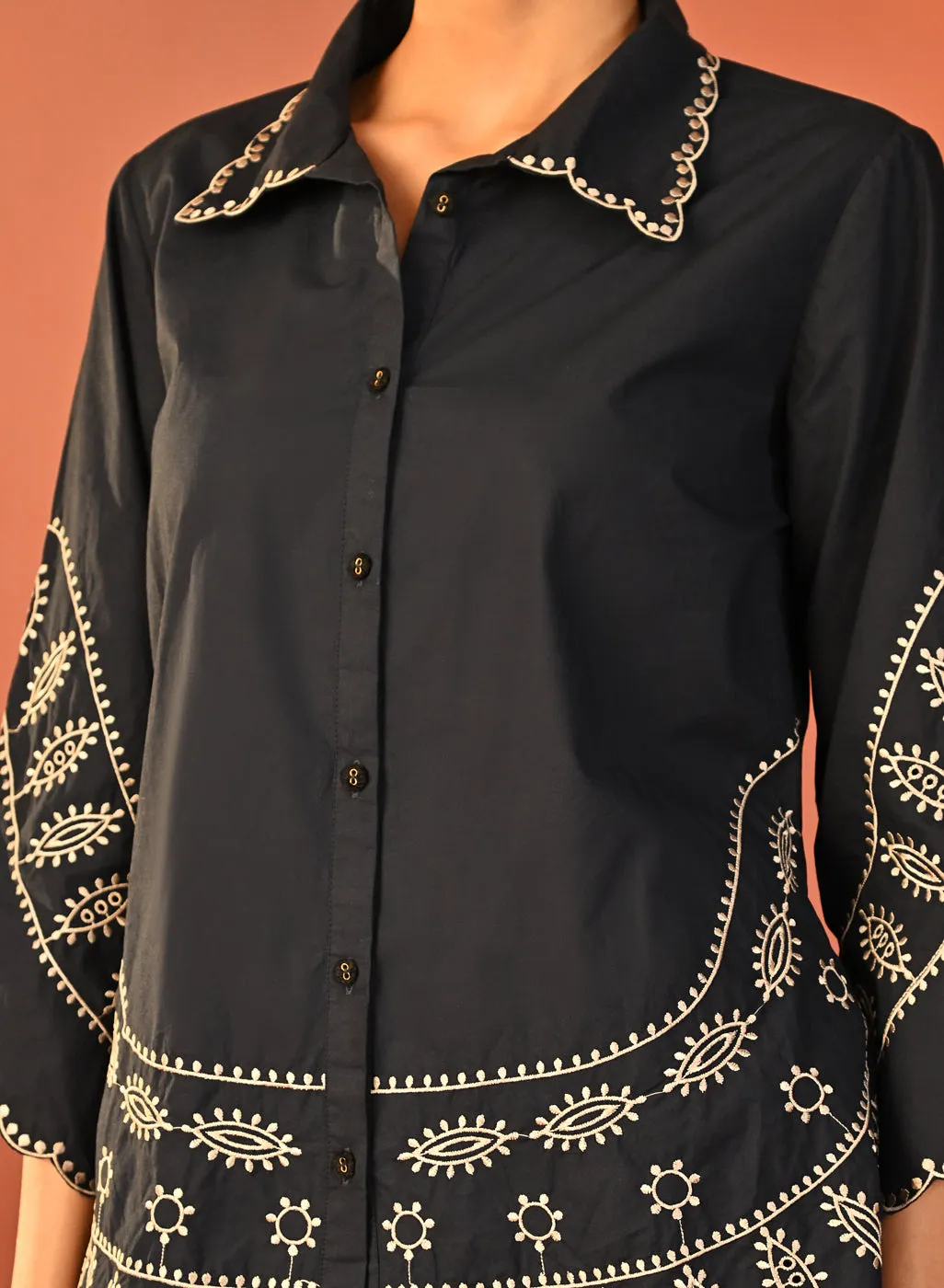 Rubab Navy Blue Embroidered Cotton Shirt for Women