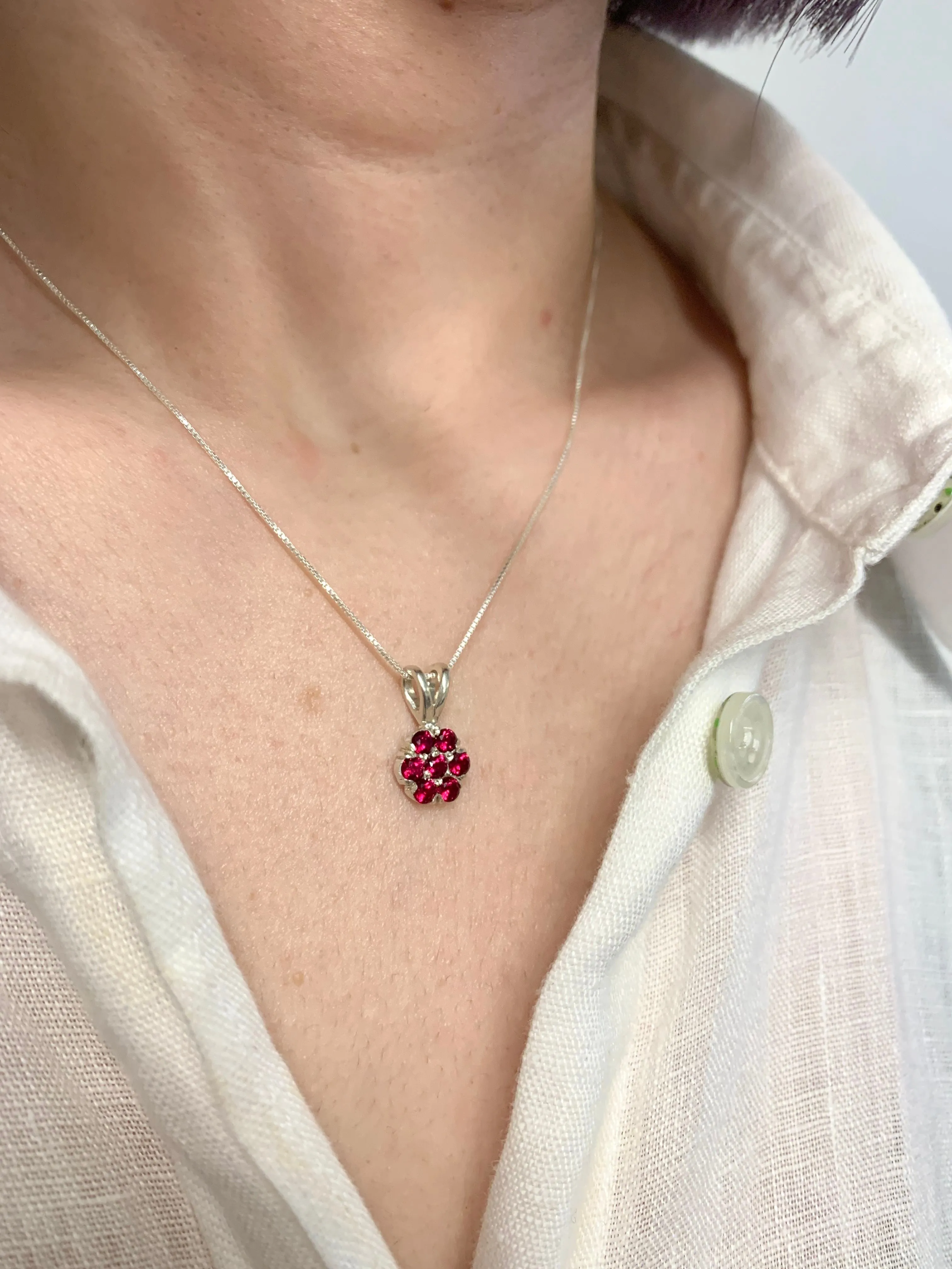 Ruby Flower Necklace - Red Gemstone Pendant - Daisy Ruby Necklace