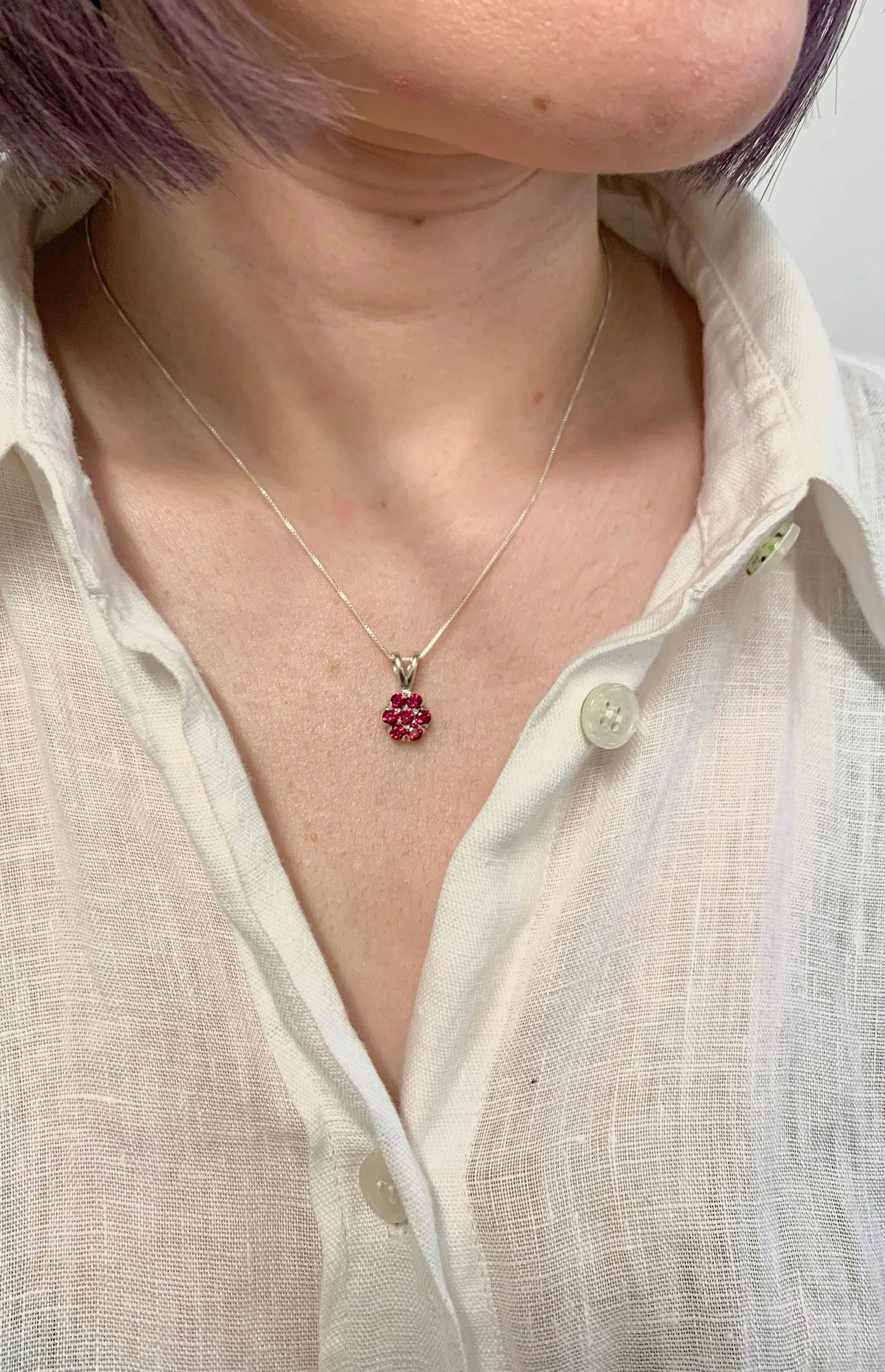 Ruby Flower Necklace - Red Gemstone Pendant - Daisy Ruby Necklace