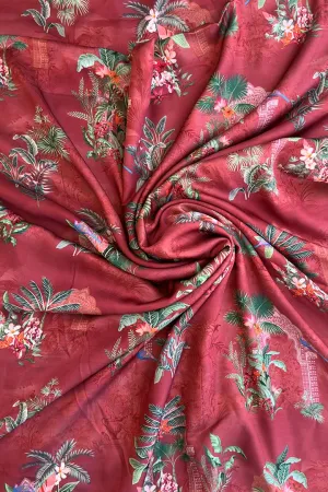 Rust Pichwai Floral Printed Modal Satin Fabric