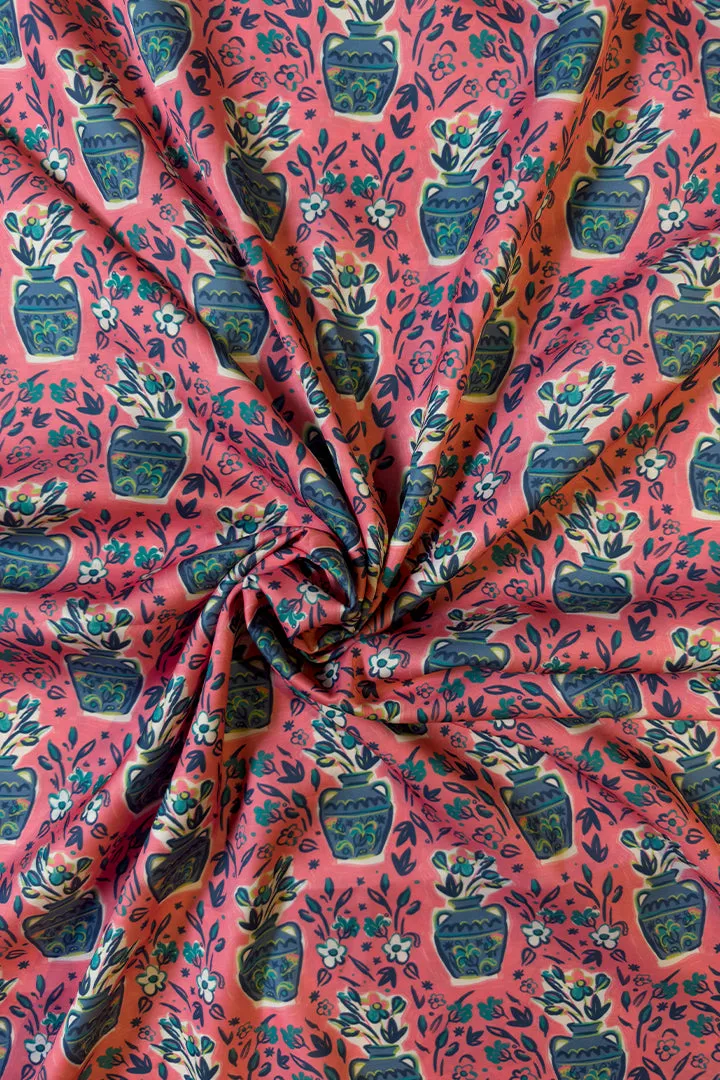 Salmon Pink Floral Printed Modal Satin Fabric