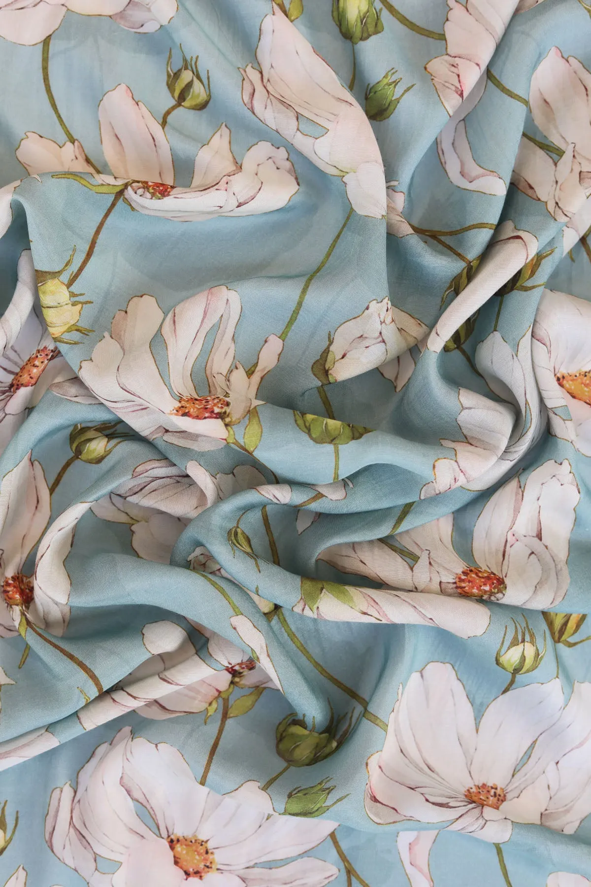 Sea Green and White Floral Pattern Printed Natural Muslin Silk Fabric