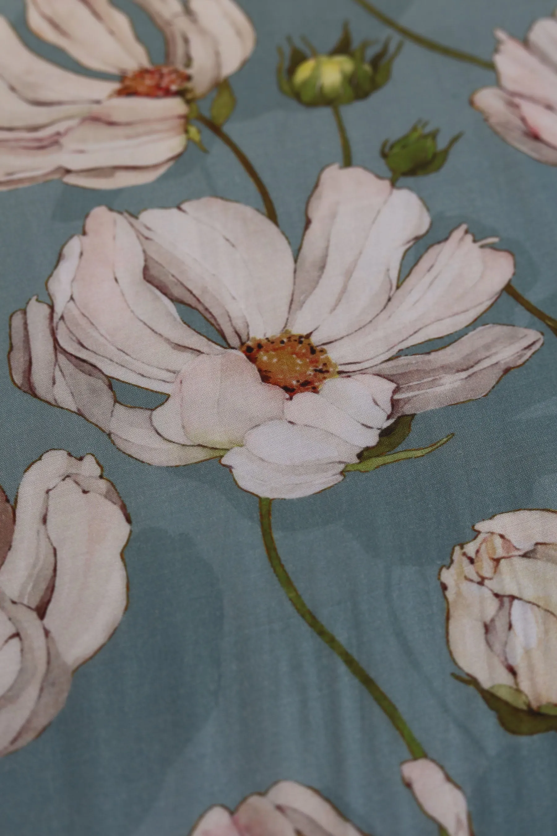 Sea Green and White Floral Pattern Printed Natural Muslin Silk Fabric