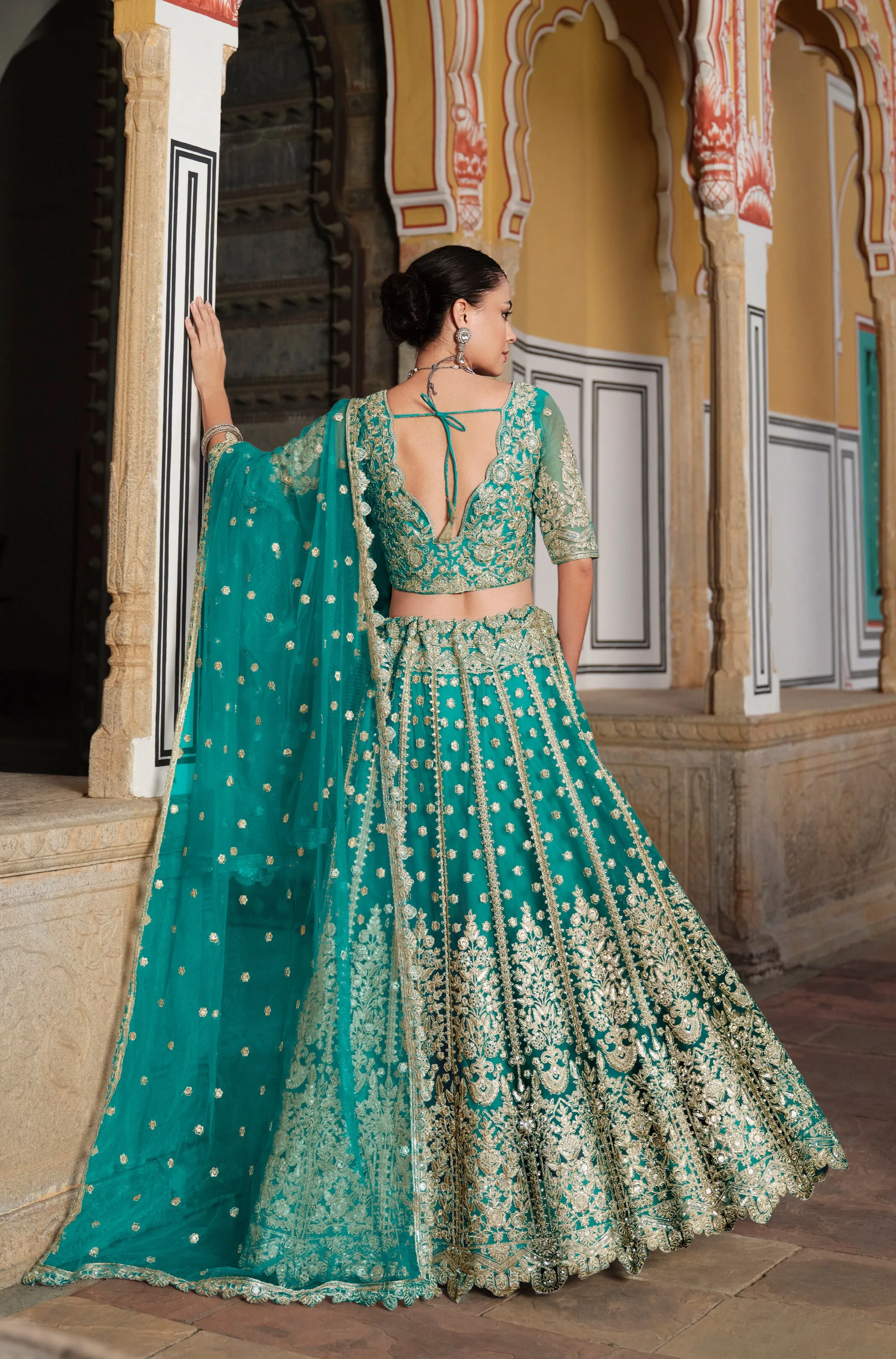 Sea Green Embroidered Net Bridal Lehenga Choli