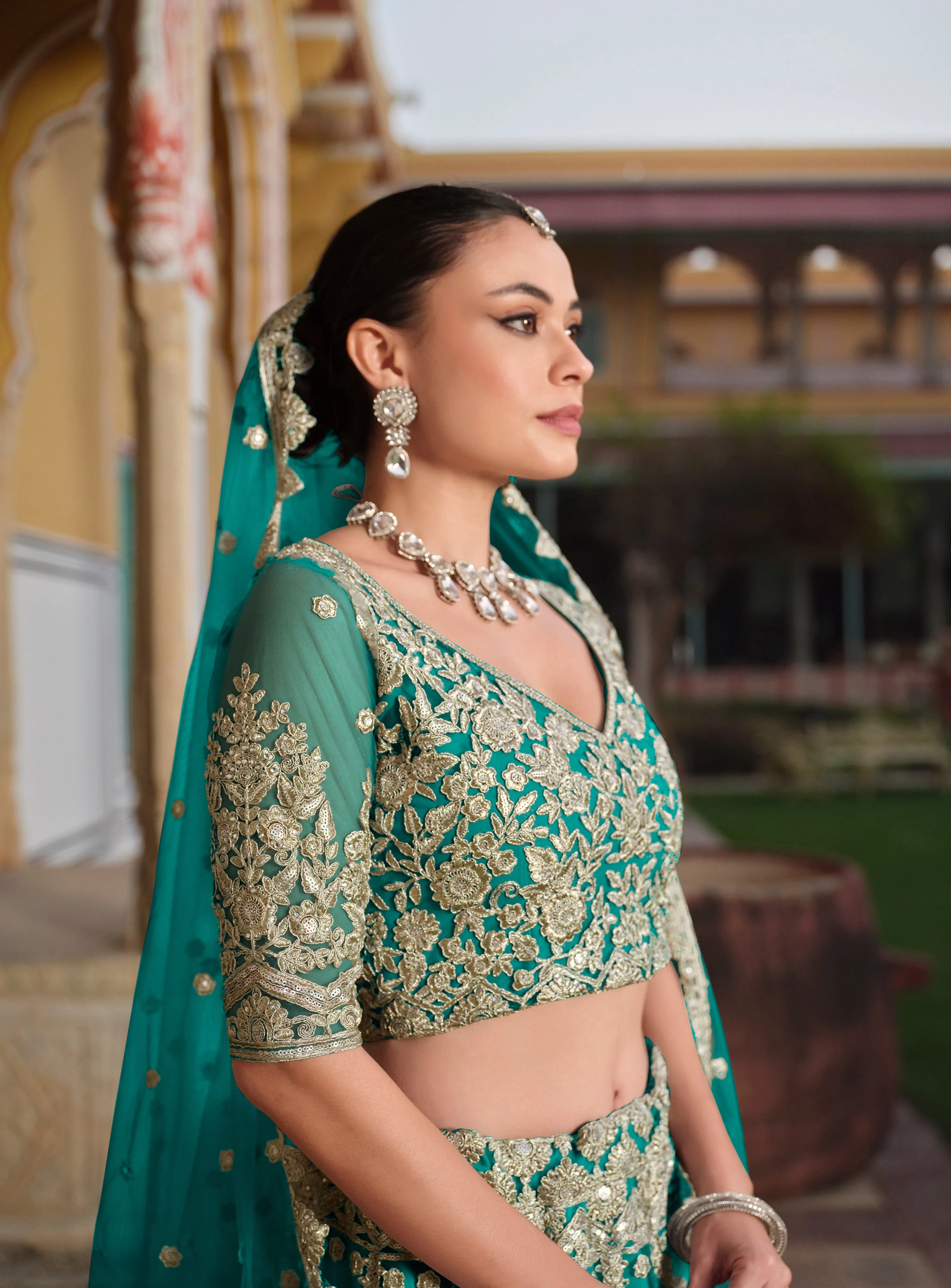 Sea Green Embroidered Net Bridal Lehenga Choli