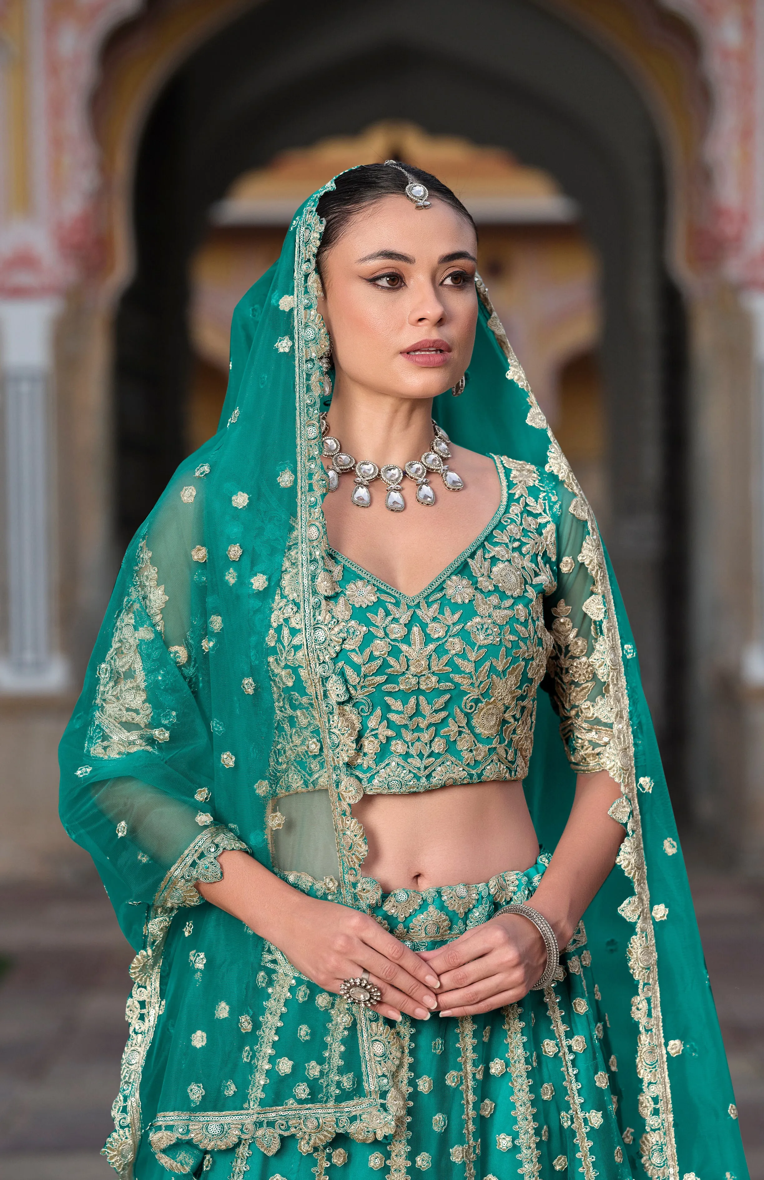 Sea Green Embroidered Net Bridal Lehenga Choli