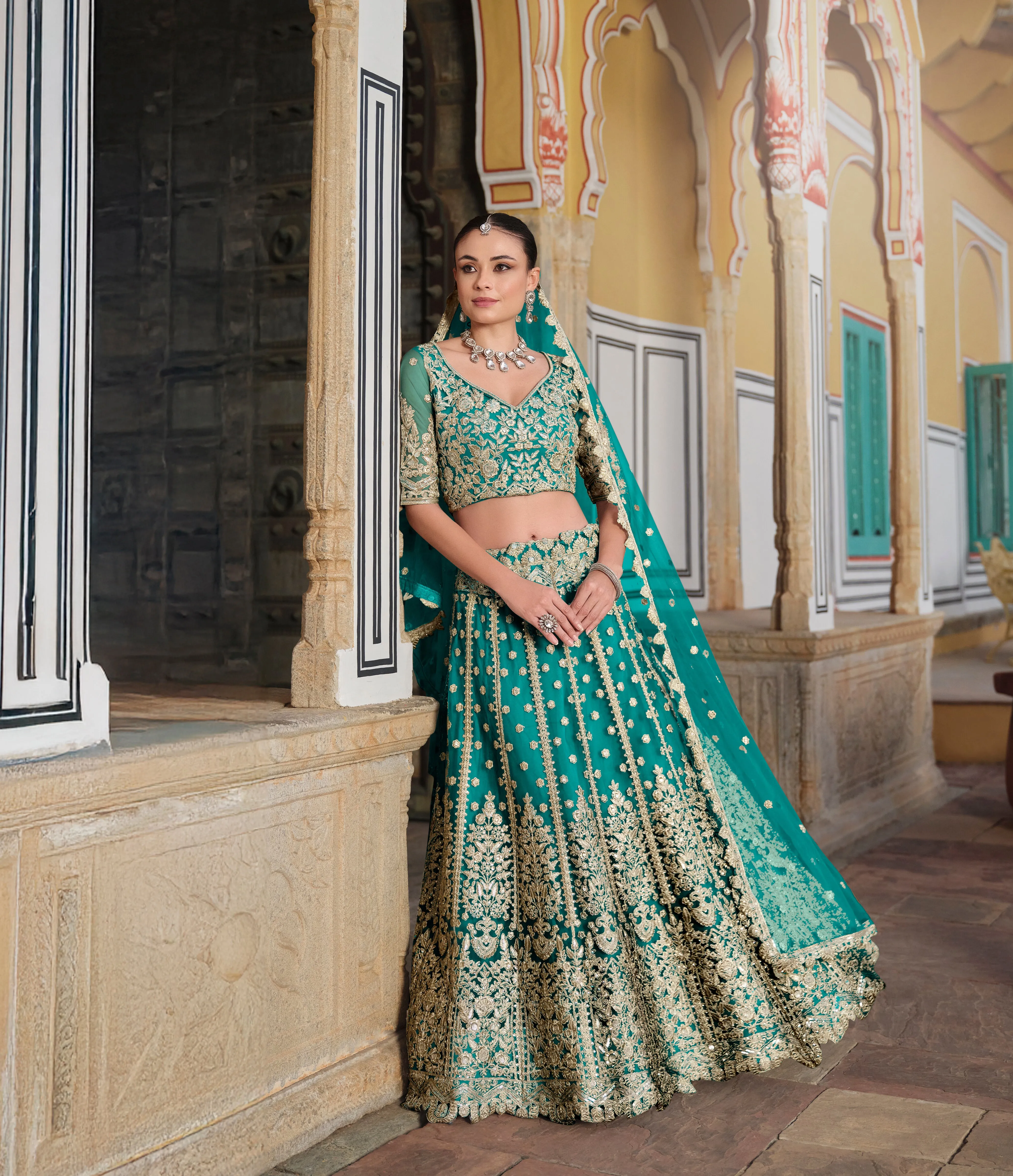 Sea Green Embroidered Net Bridal Lehenga Choli