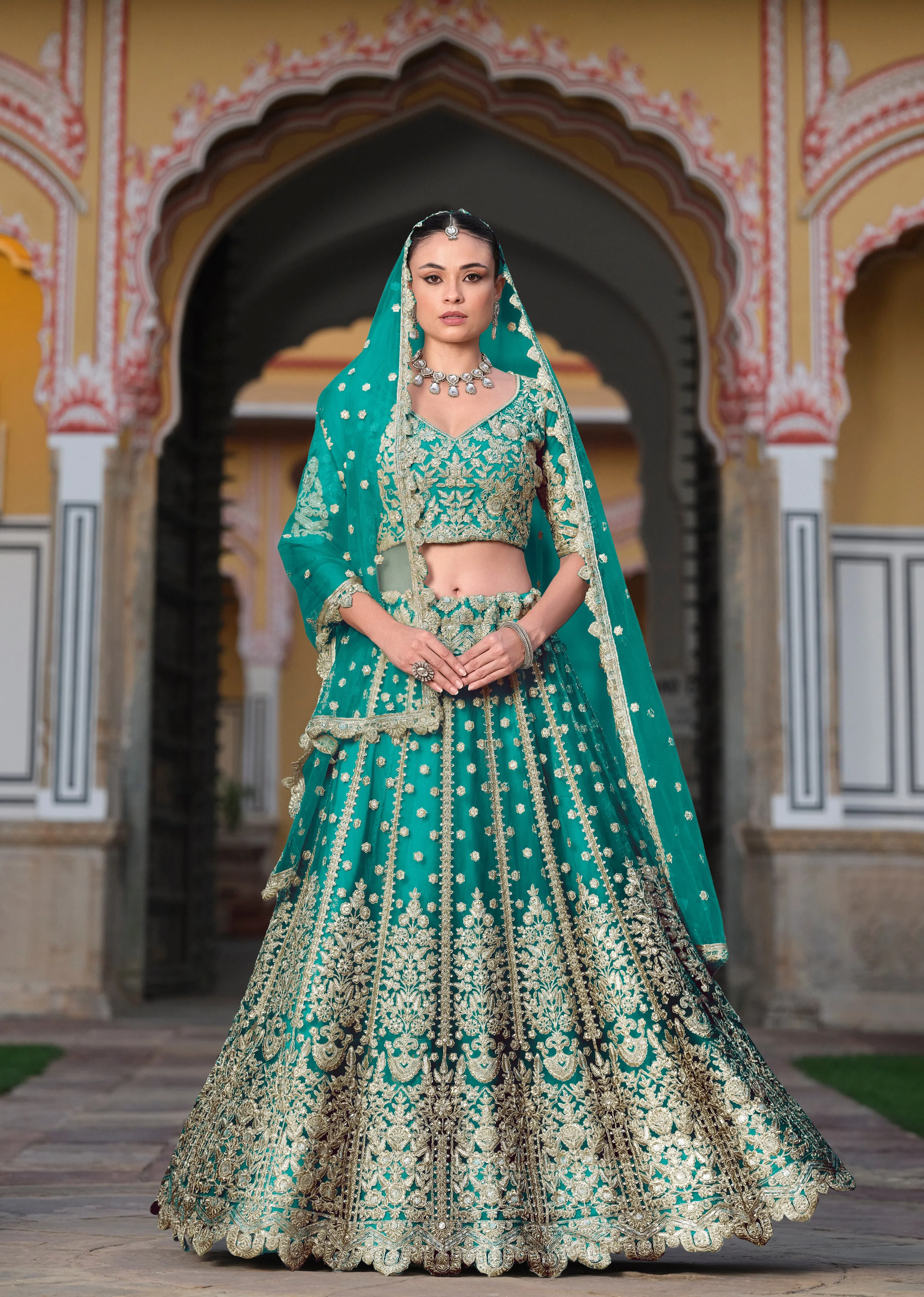 Sea Green Embroidered Net Bridal Lehenga Choli