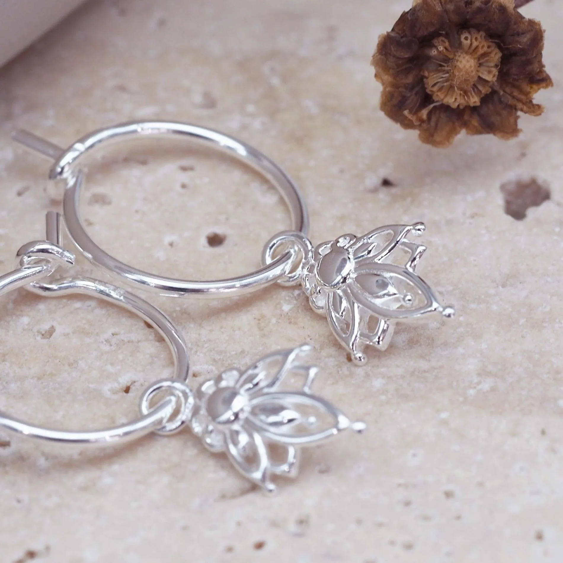 Silver Dainty Lotus Hoop Earrings