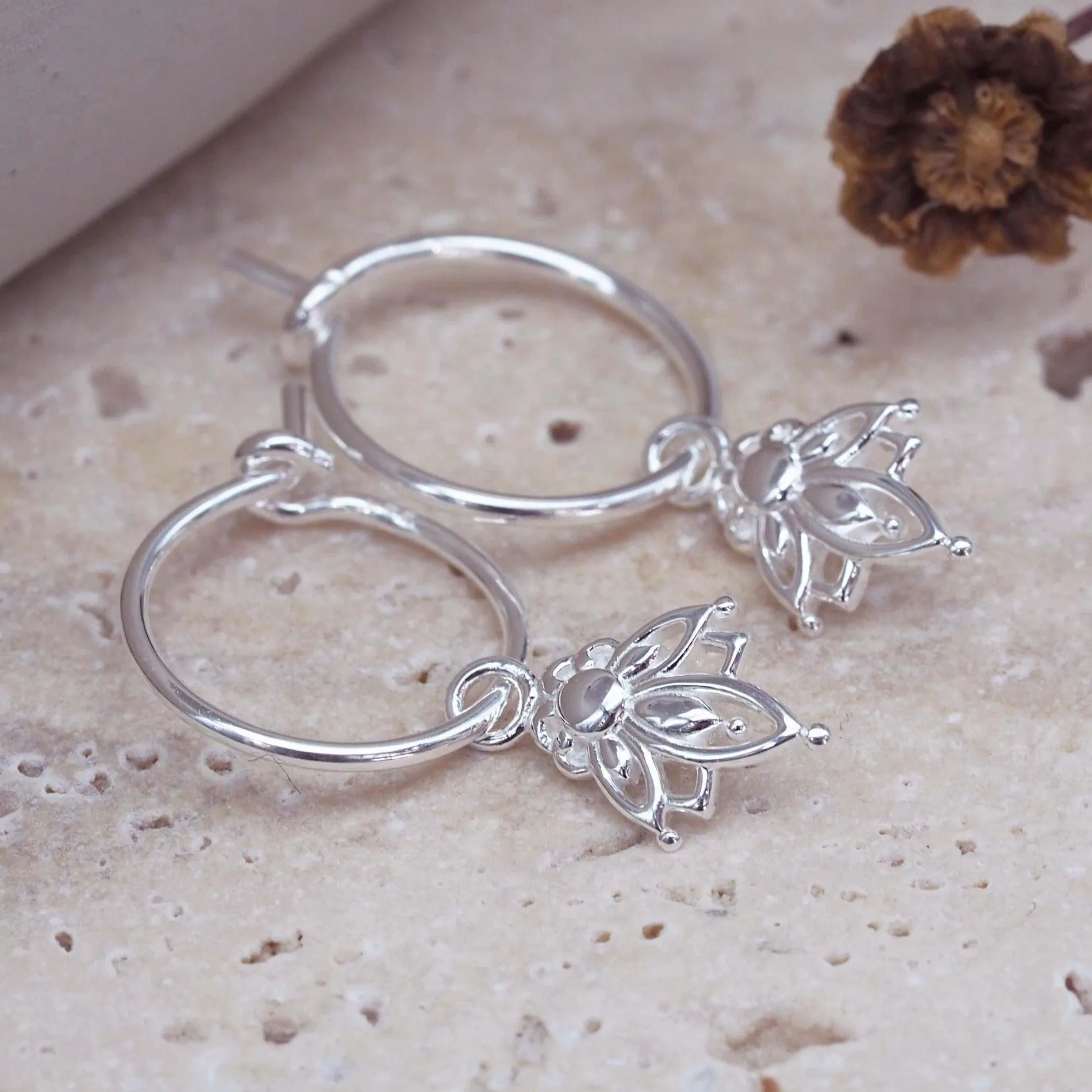 Silver Dainty Lotus Hoop Earrings