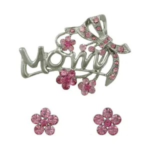 Silver MOM with Pink Bow Pin and Daisy Earring Gift Set - PRF324BS