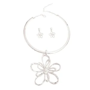 Silver Open Flower Pendant Necklace with Matching Earrings - Perfect Gift