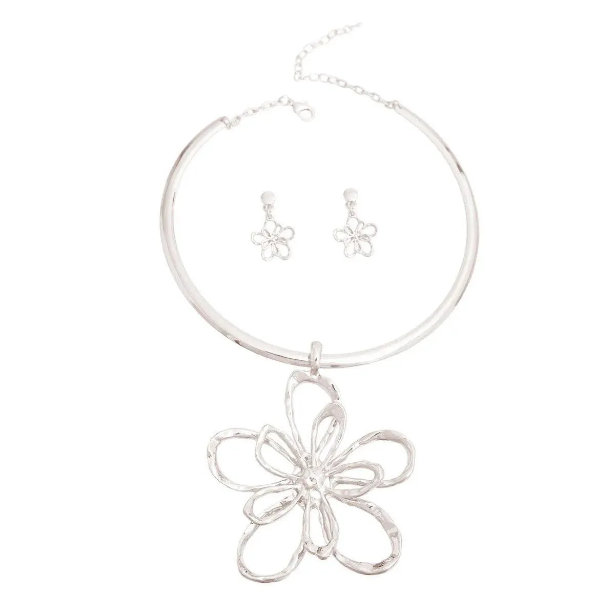 Silver Open Flower Pendant Necklace with Matching Earrings - Perfect Gift