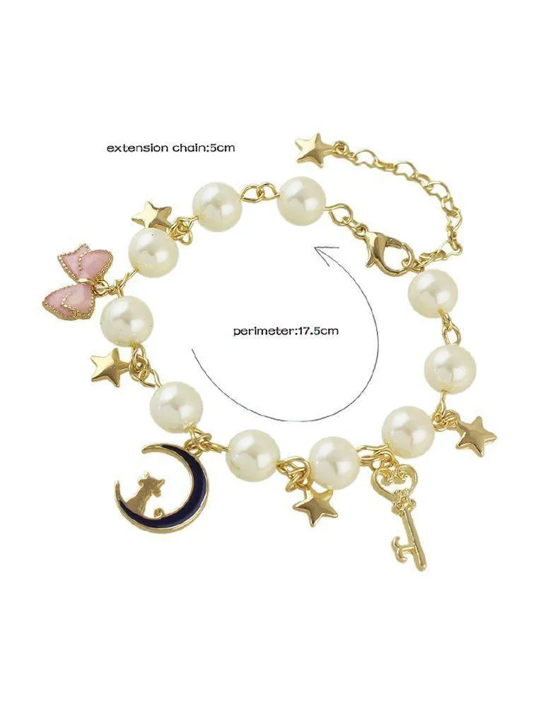 Star Moon Charm Pearl Bracelet