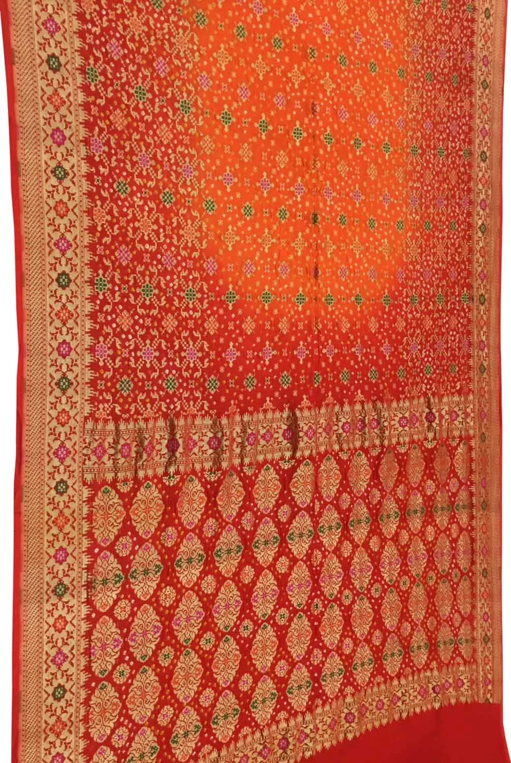 Stunning Orange & Red Banarasi Bandhani Meenakari Georgette Saree