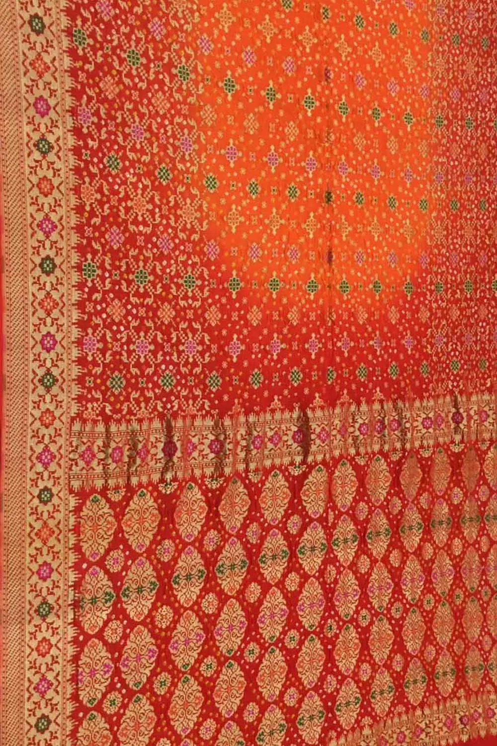 Stunning Orange & Red Banarasi Bandhani Meenakari Georgette Saree