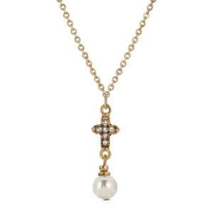 Symbols Of Faith Crystal Cross Faux Pearl Elegance Pendant Necklace 16"