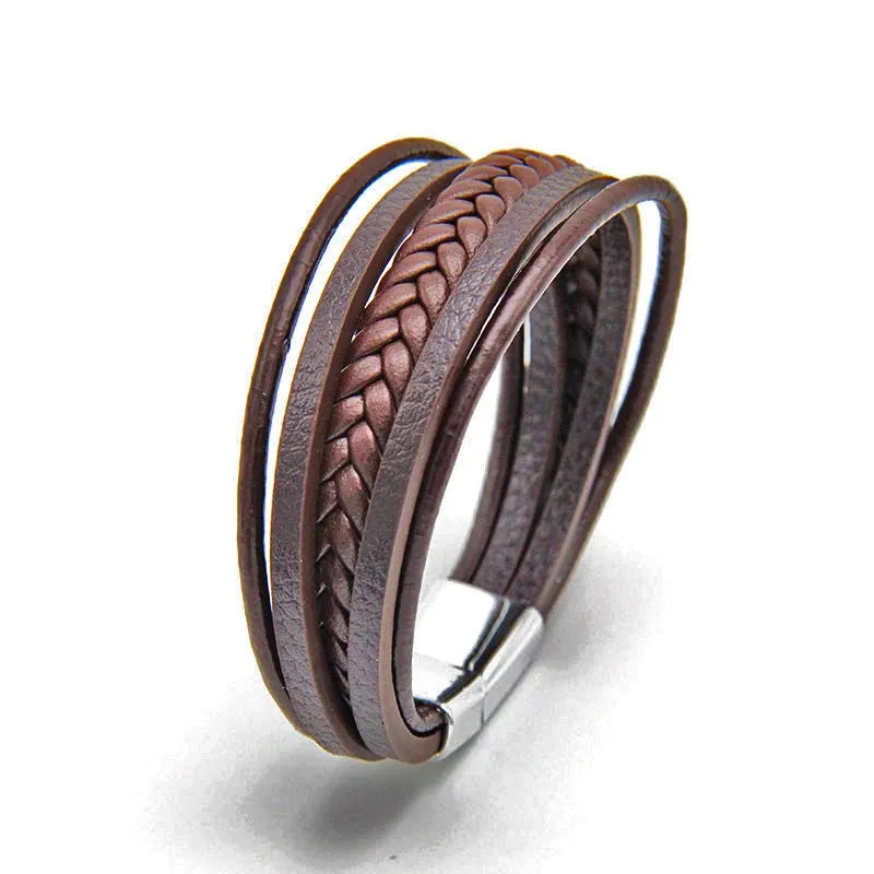 Trendy Leather 21CM  Bracelets For Men Multilayer Bracelet Stainless Steel  Braided Rope Bracelets for Male Female Jewelry Gifts