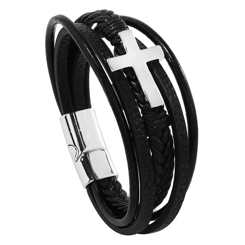 Trendy Leather 21CM  Bracelets For Men Multilayer Bracelet Stainless Steel  Braided Rope Bracelets for Male Female Jewelry Gifts