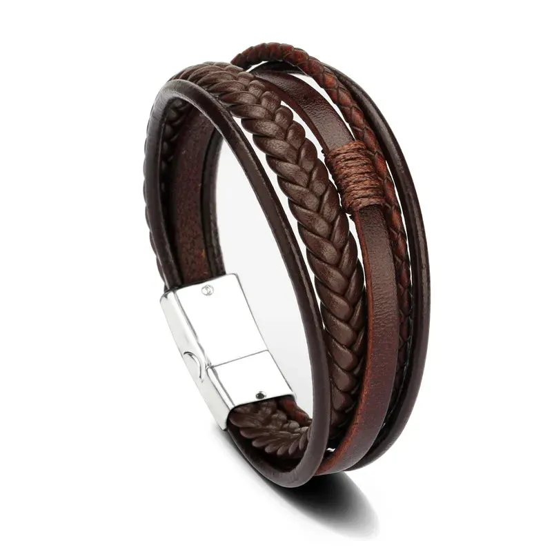 Trendy Leather 21CM  Bracelets For Men Multilayer Bracelet Stainless Steel  Braided Rope Bracelets for Male Female Jewelry Gifts